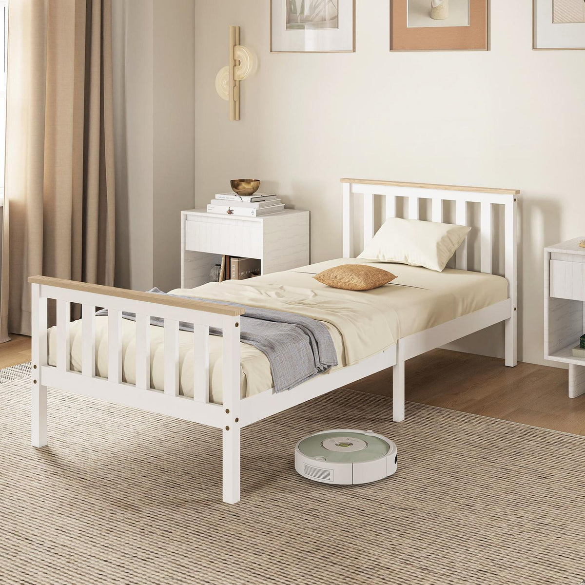 Houten bedframe, eenvoudig, natuurlijke afwerking, opbergruimte