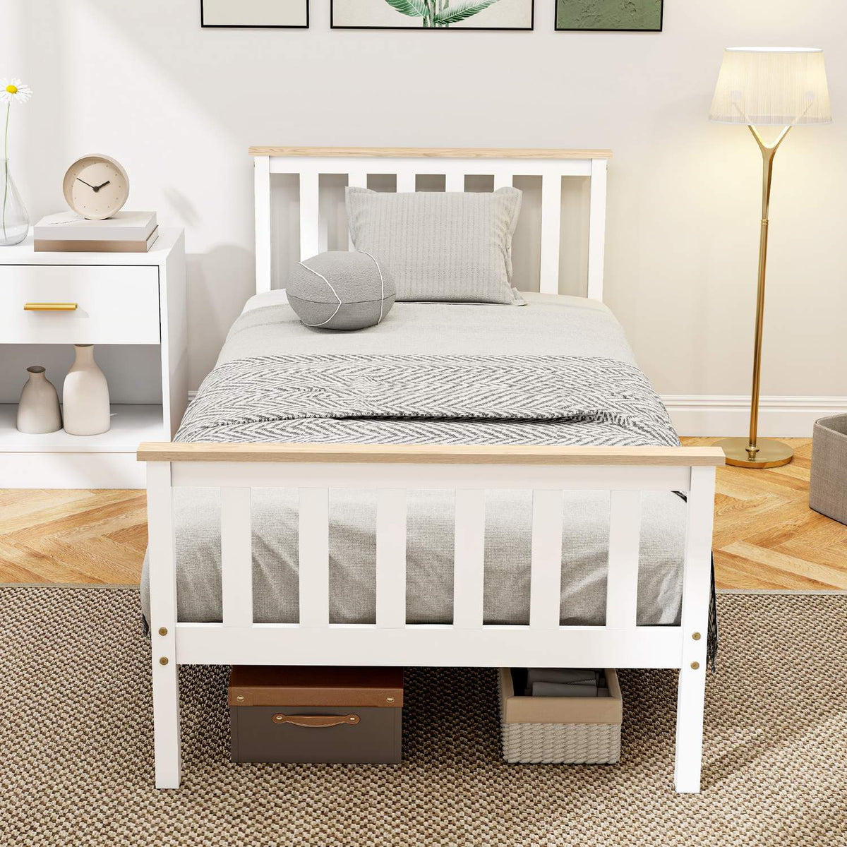 Houten bedframe, eenvoudig, natuurlijke afwerking, opbergruimte