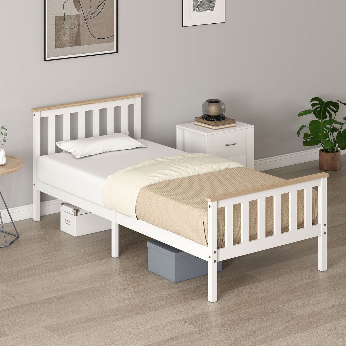 Houten bedframe, eenvoudig, natuurlijke afwerking, opbergruimte