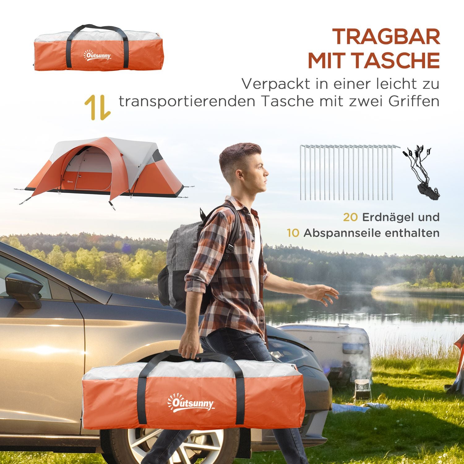 Campingtunneltält, vattenavvisande, passar 6 personer, orange