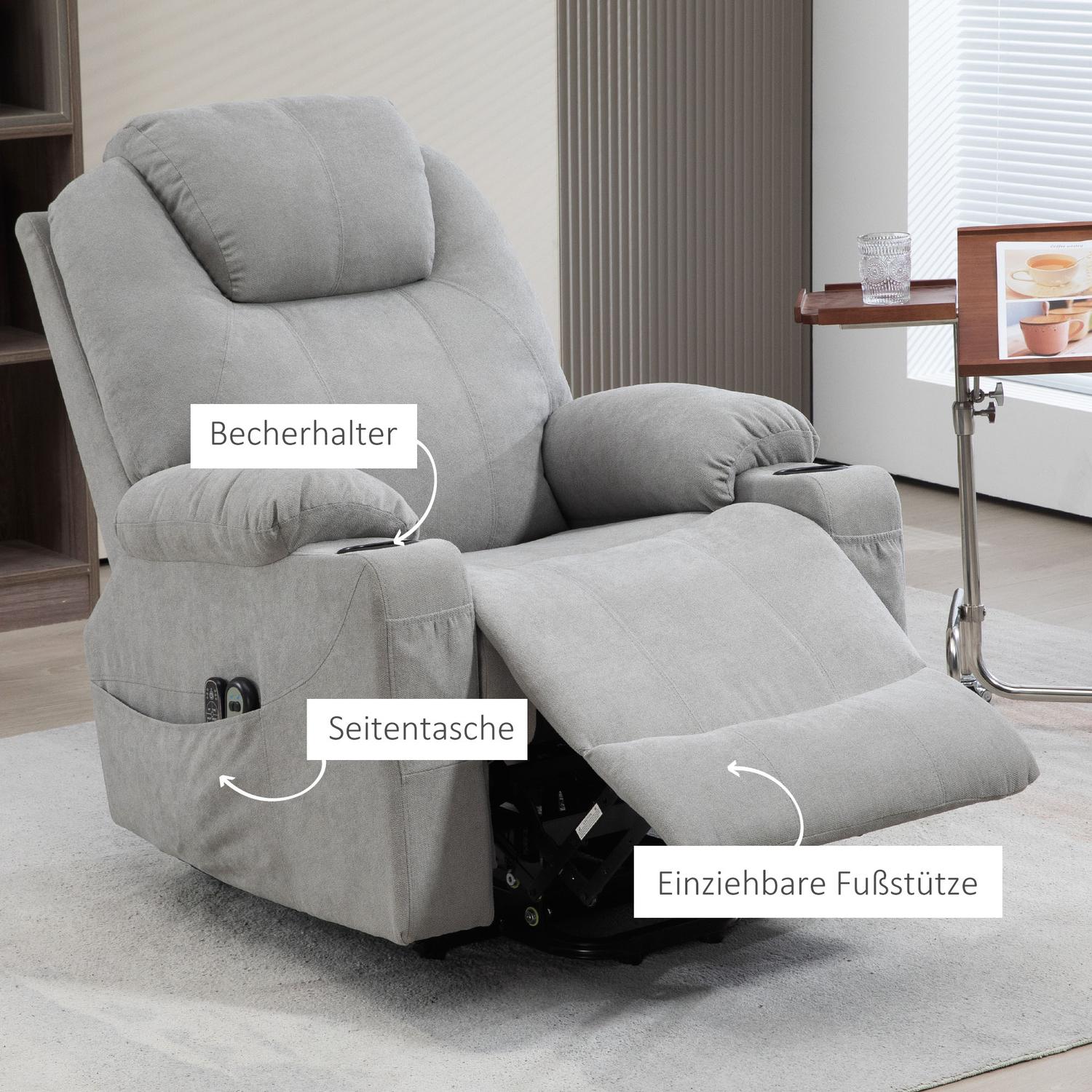 Elektrisk vilstol med värme och massage, ljusgrå