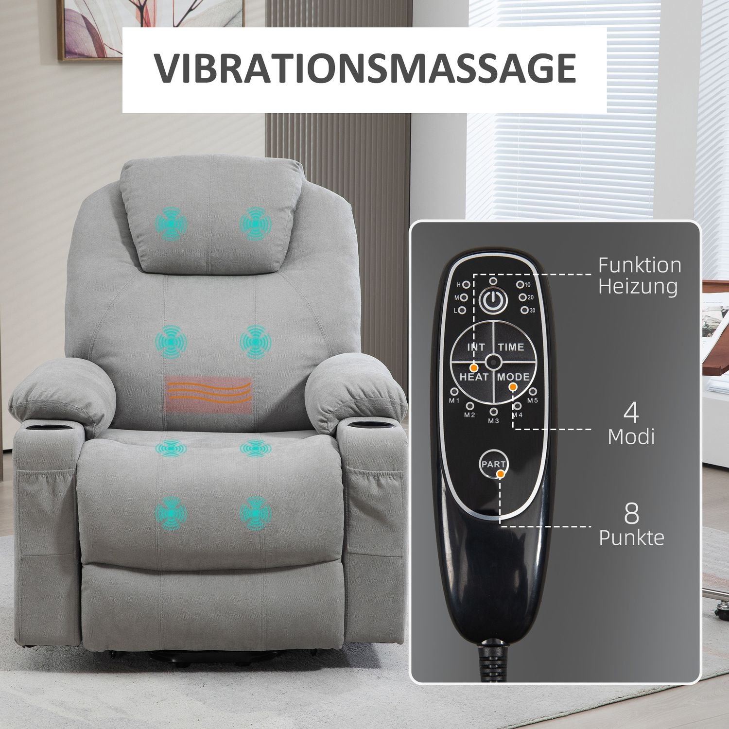 Elektrisk vilstol med värme och massage, ljusgrå
