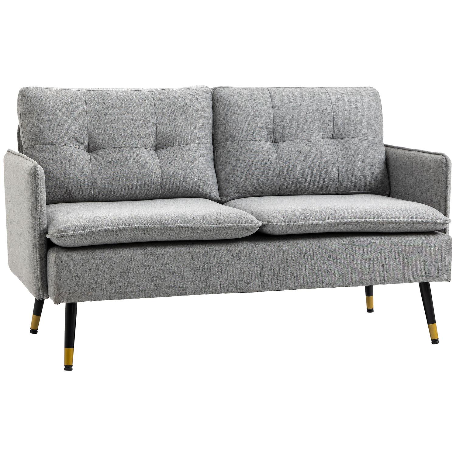 Tvåsits grå soffa med kuddar, linnelook
