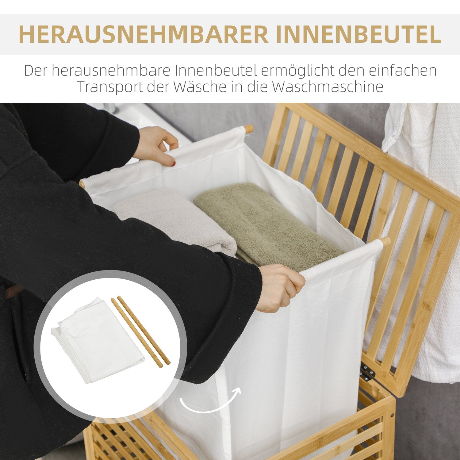 Bambu tvättkorg 55L med lock & avtagbar väska