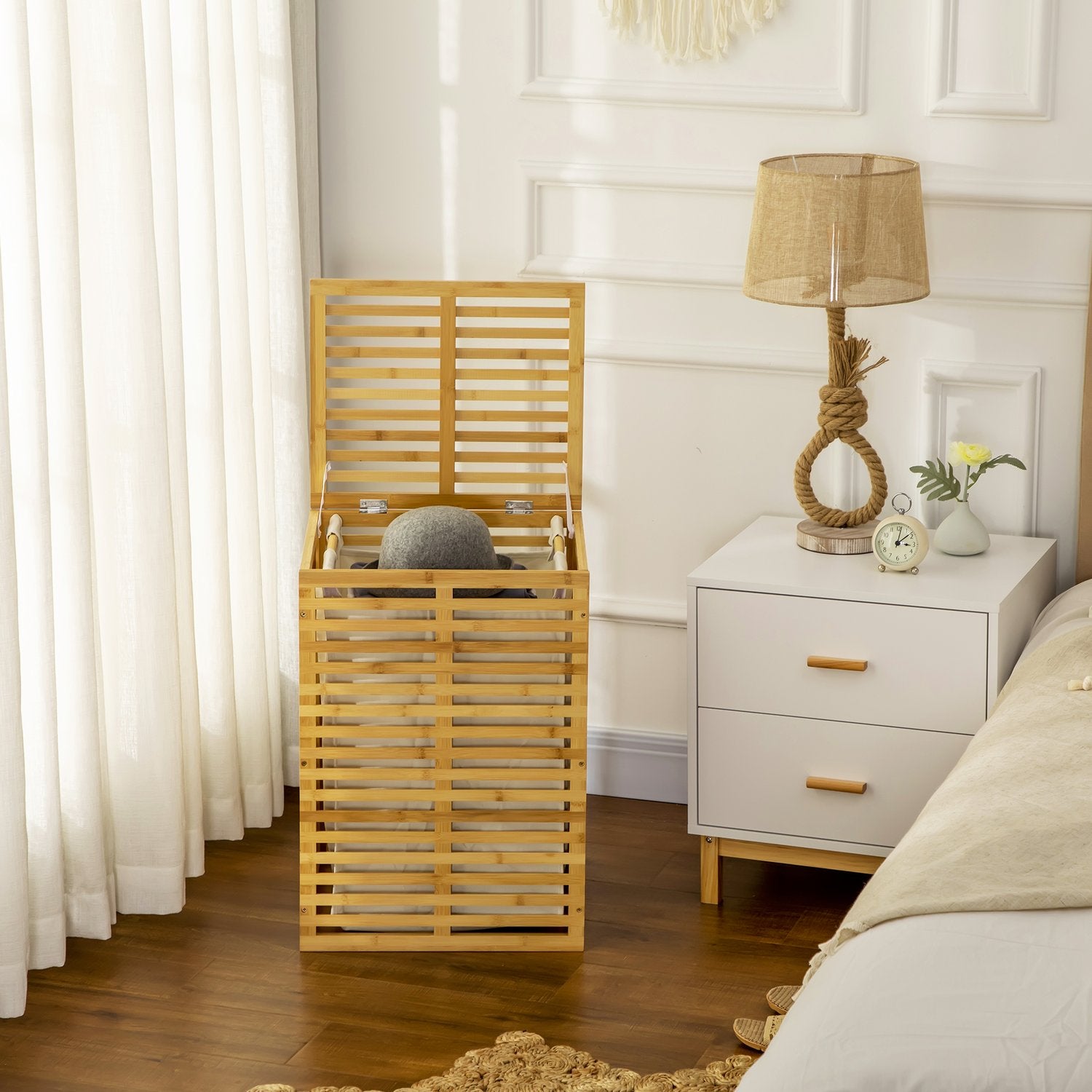 Tvättkorg i bambu med lock och avtagbar påse, 63L kapacitet