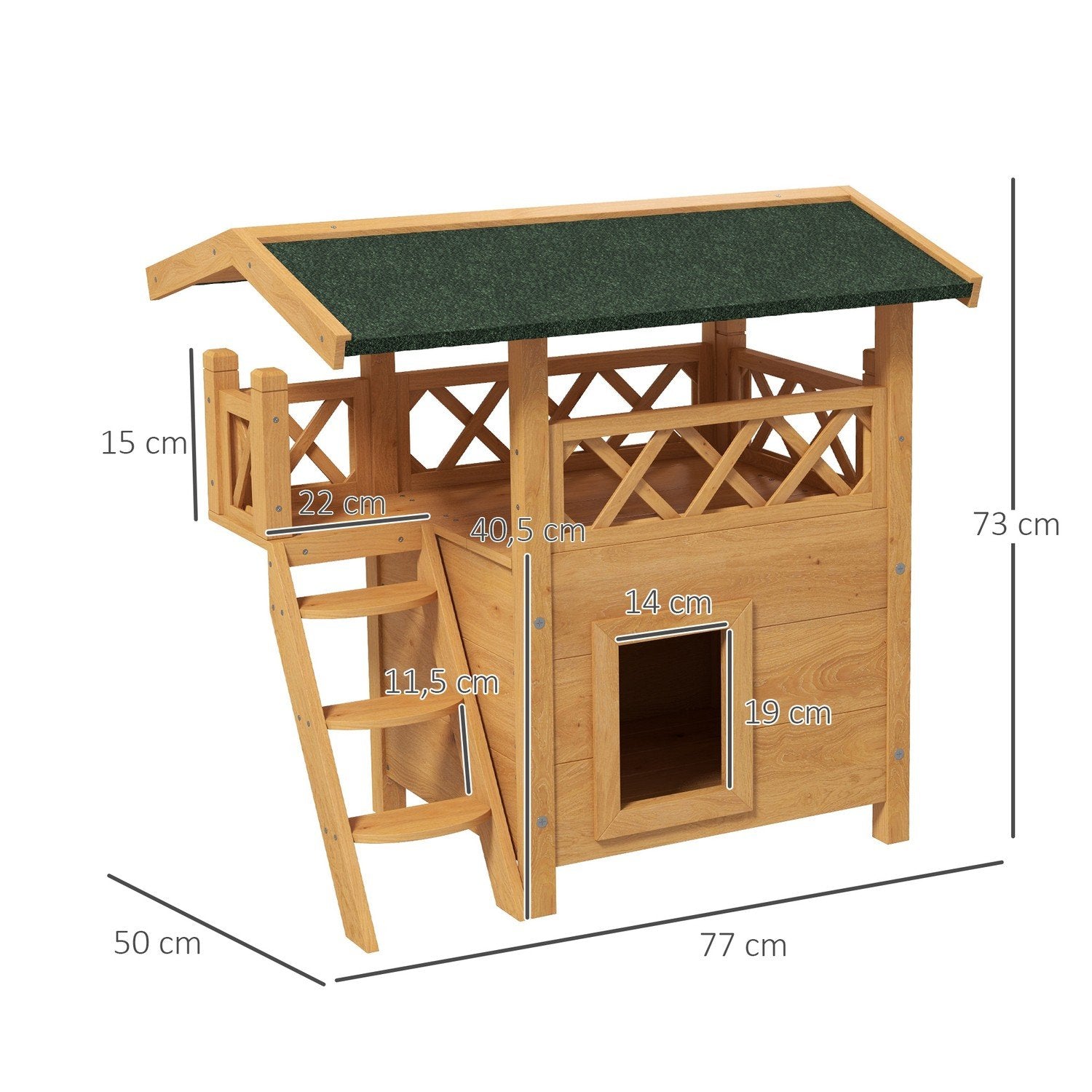 2-Plans Katthus Med Asfalttak & Balkong, Massivträ Kattvilla Med Trappa, Natur, 77X50X73Cm