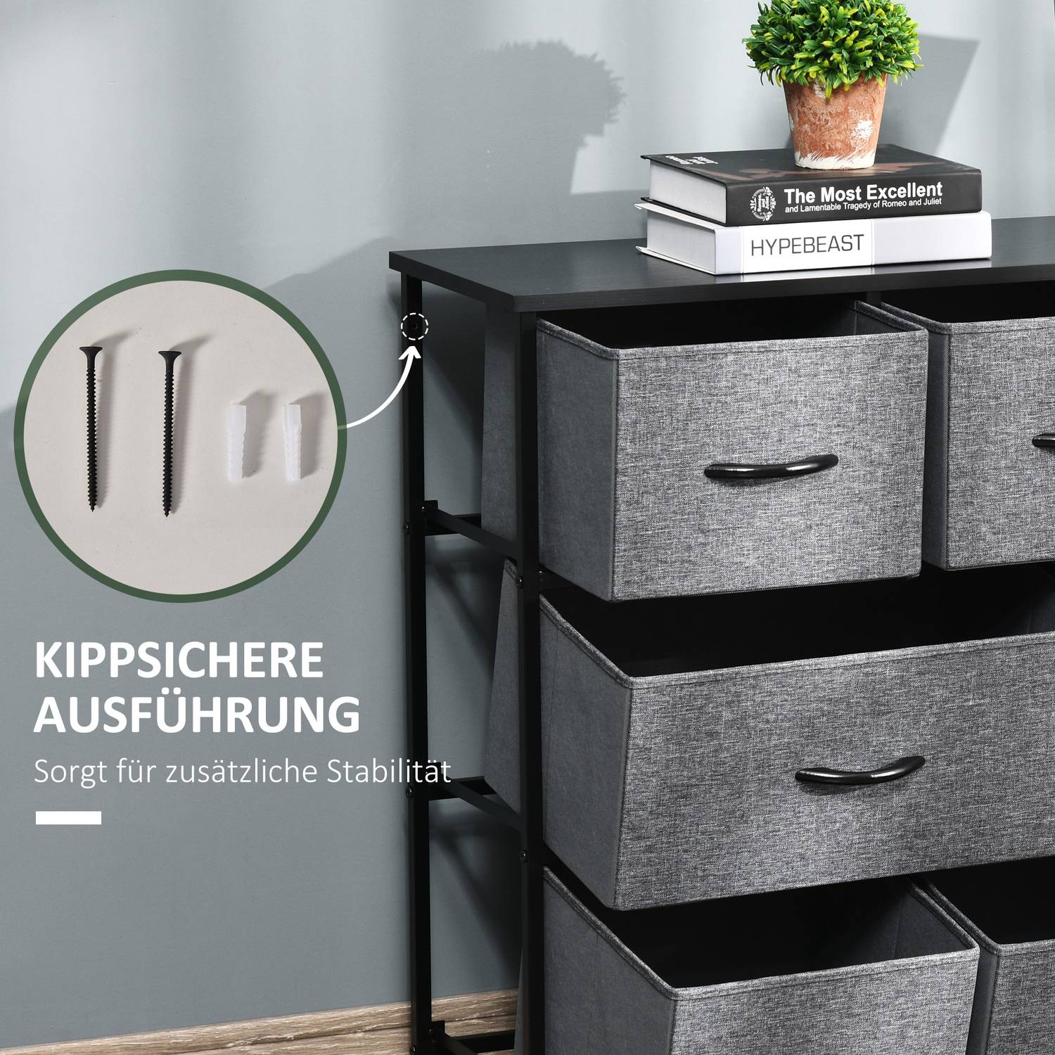 Tygbyrå med 8 lådor, metallram – mörkgrå