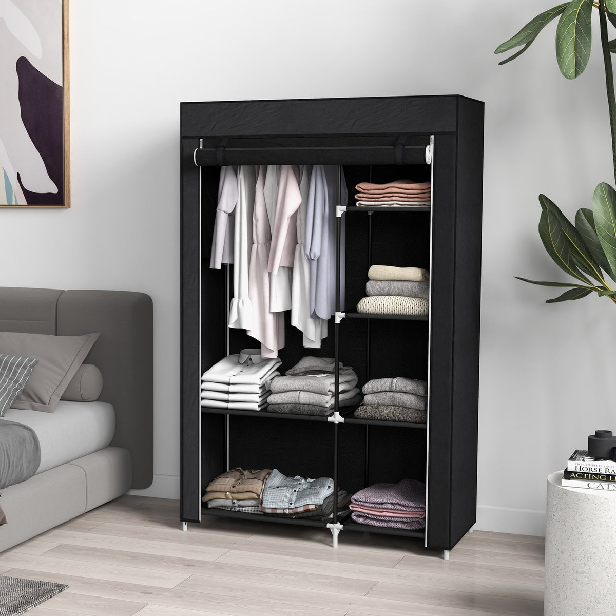 Tygfällbar garderob, 6 fack, svart, 103x43x162,5 cm