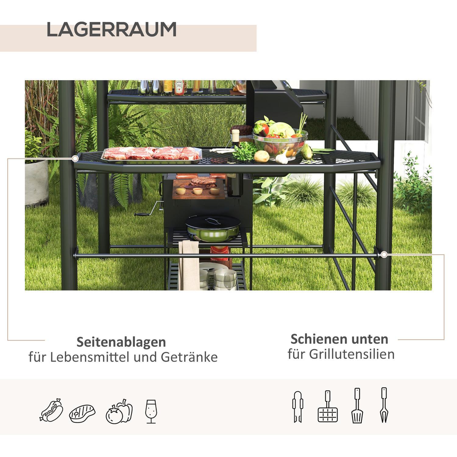 Grill Paviljong Flamskydd Tak Bbq Pavilion 2 Hyllor Uv-Skydd Pergola Trädgård Balkong Stål Pc Mörkgrå 240X150X230Cm