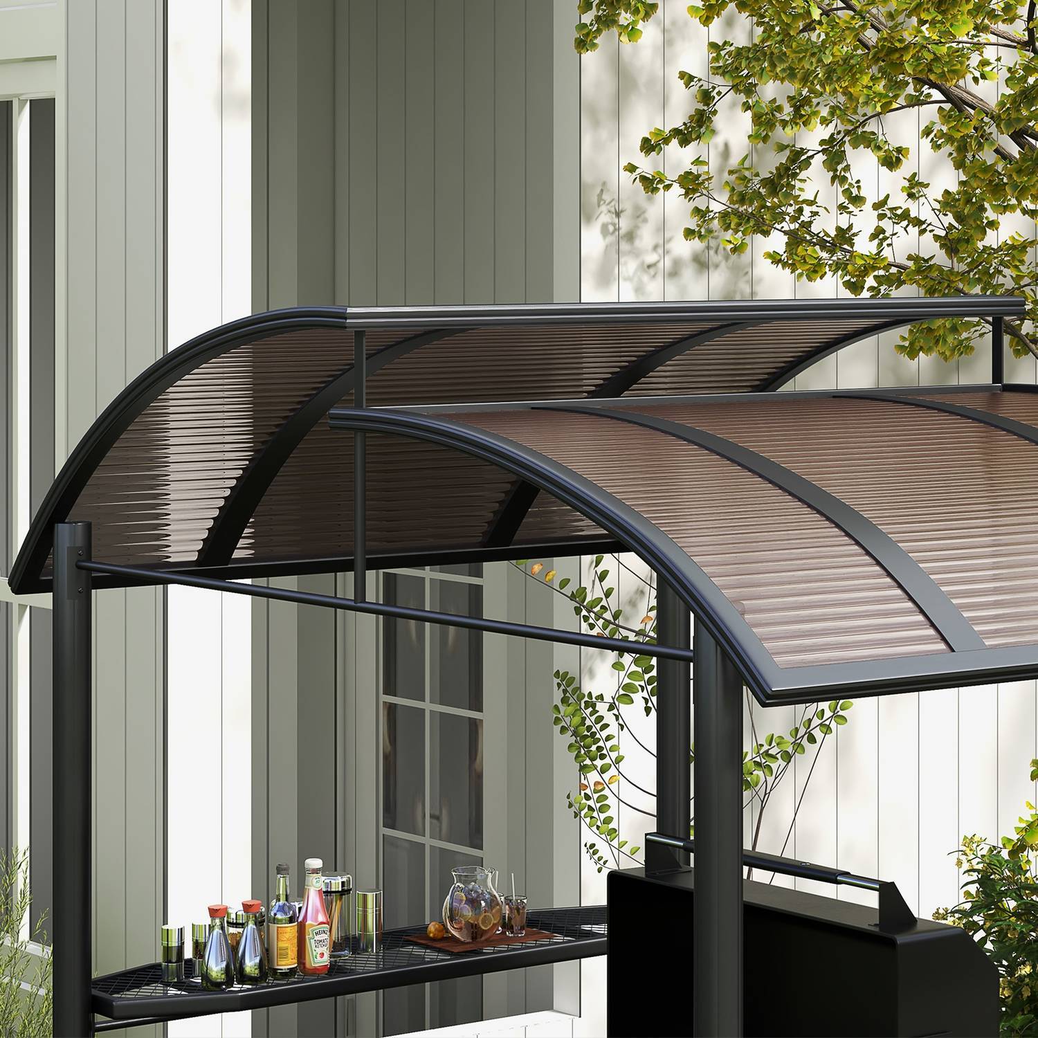 Grill Paviljong Flamskydd Tak Bbq Pavilion 2 Hyllor Uv-Skydd Pergola Trädgård Balkong Stål Pc Mörkgrå 240X150X230Cm