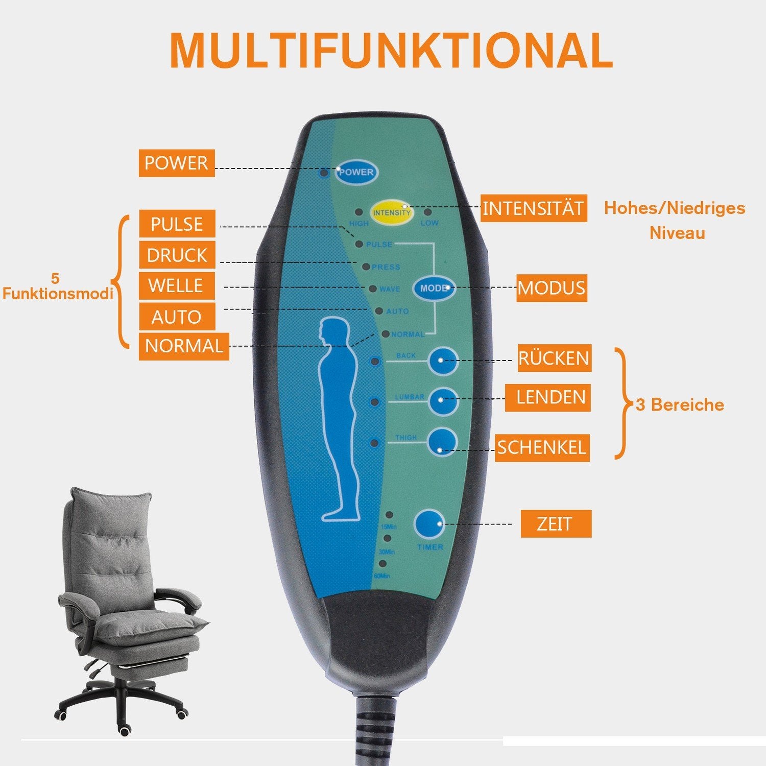 Massagestol Snurrstol, Spelstol, Kontorsstol, Ergonomisk Skrivbordsstol, Justerbar I Höjdled, Nylon, Grå, 70X62X120-130Cm