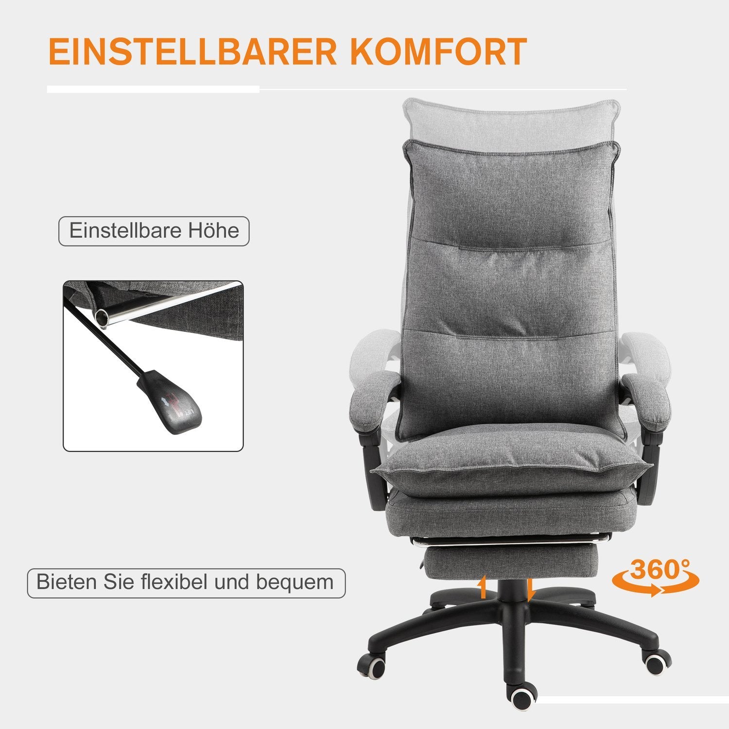 Massagestol Snurrstol, Spelstol, Kontorsstol, Ergonomisk Skrivbordsstol, Justerbar I Höjdled, Nylon, Grå, 70X62X120-130Cm