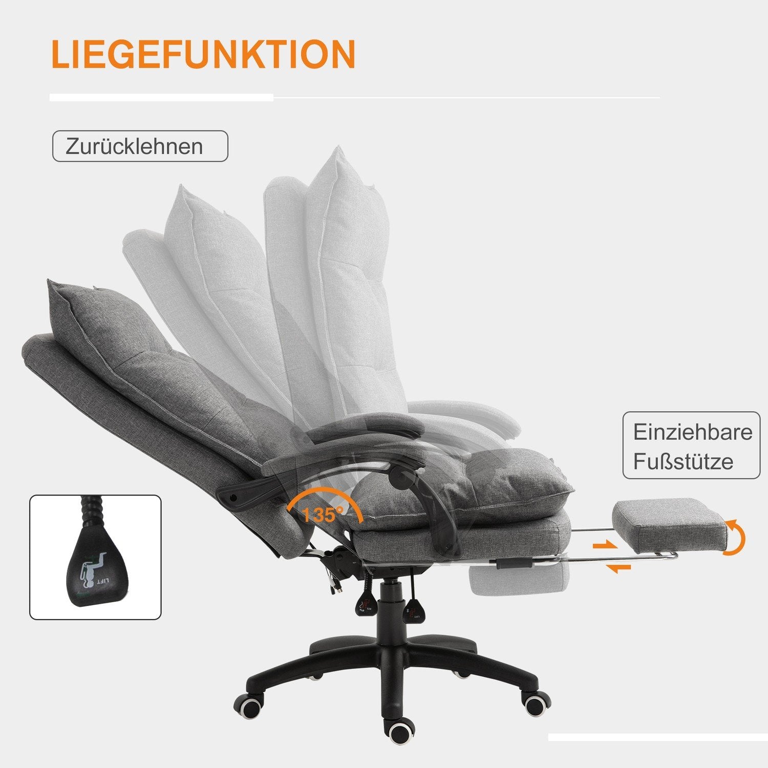 Massagestol Snurrstol, Spelstol, Kontorsstol, Ergonomisk Skrivbordsstol, Justerbar I Höjdled, Nylon, Grå, 70X62X120-130Cm