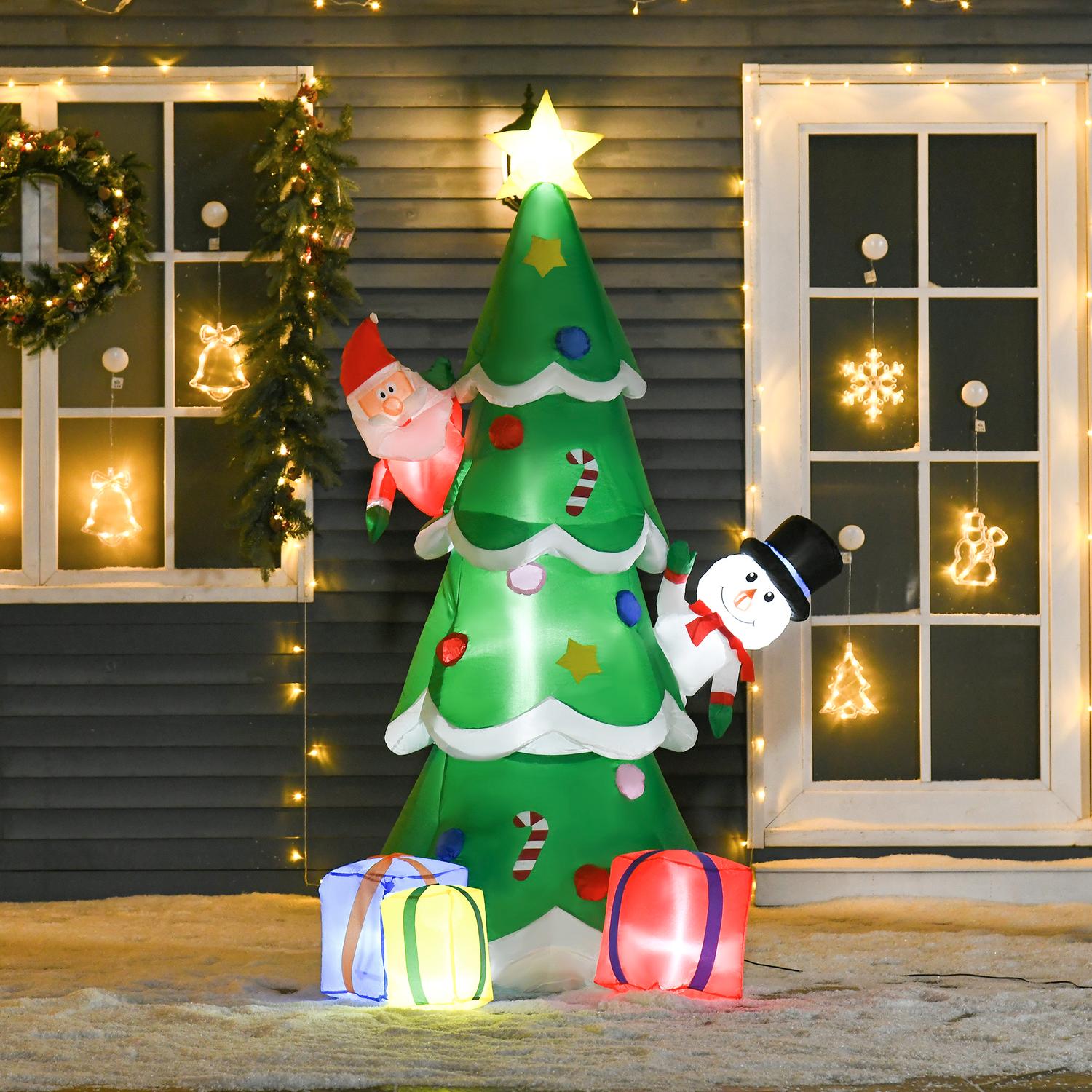 Uppblåsbar 210cm julgran med LED-tomte och snögubbe