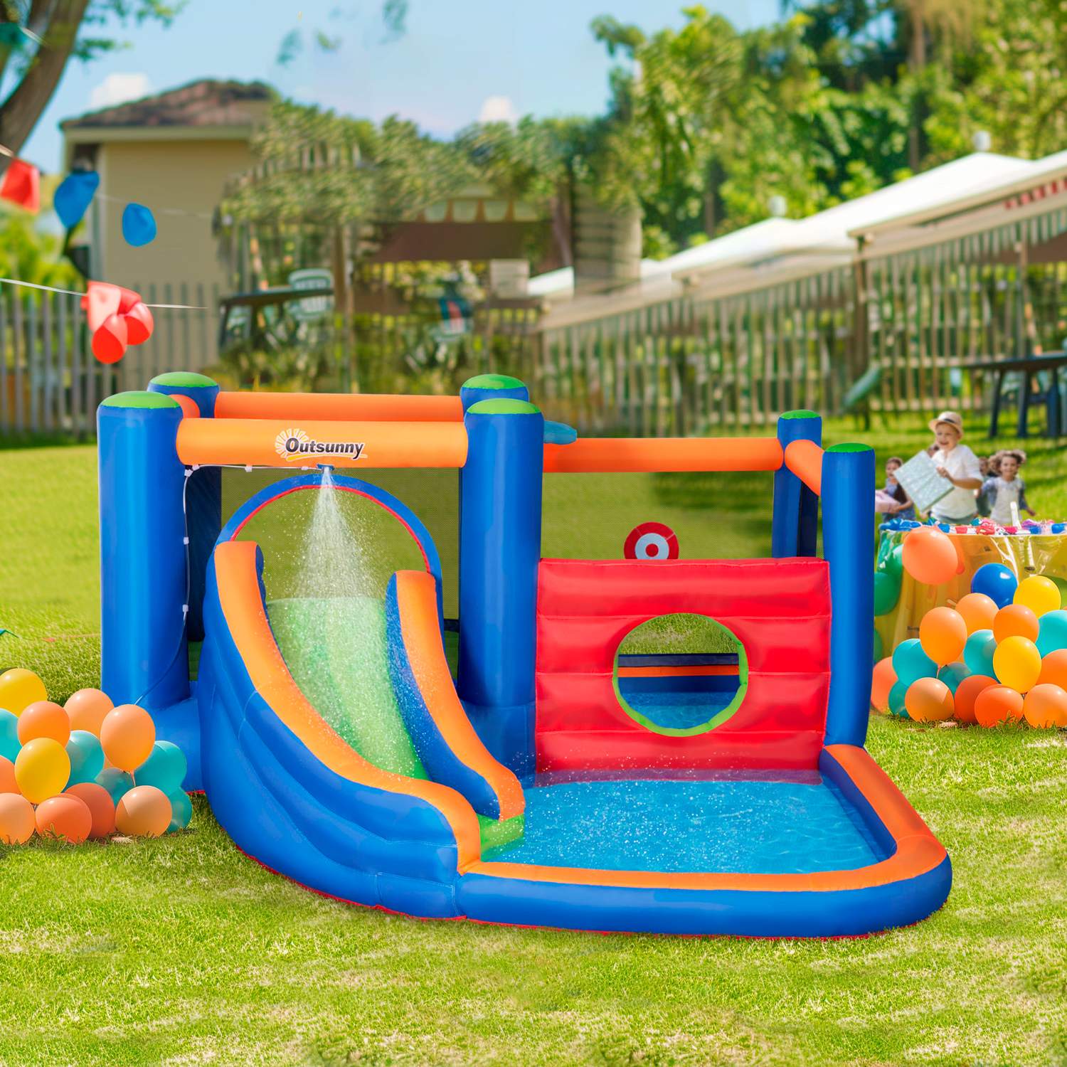 Uppblåsbar vattenpark hoppborg med rutschkana och båge