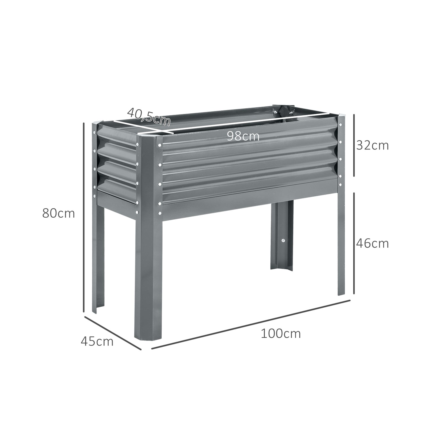 Grå upphöjd planteringslåda i stål – Örtbädd med kall ram 100x45x80 cm