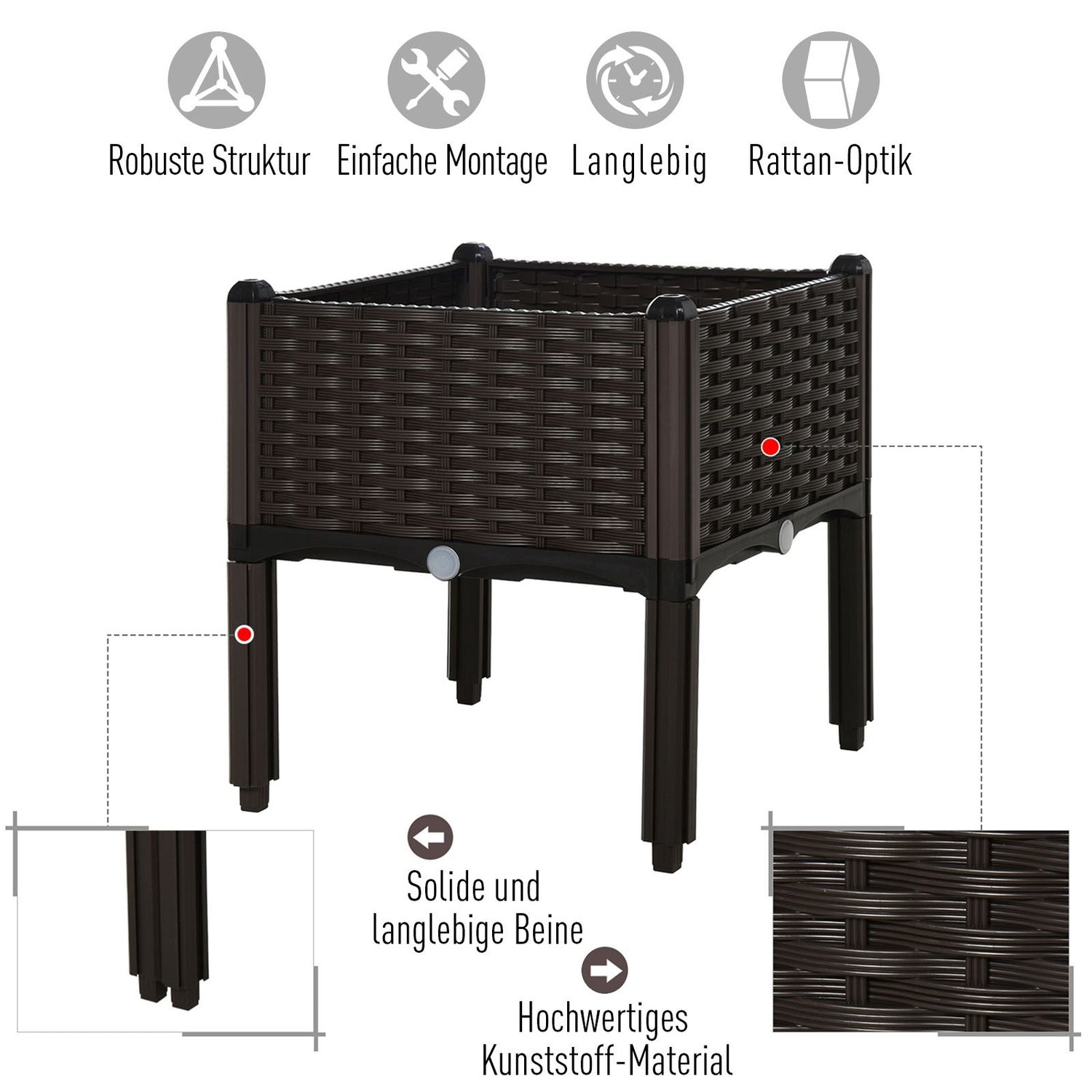 Planteringslåda med upphöjd säng, Rottinglook, med dränering, Brun, 80x44 cm