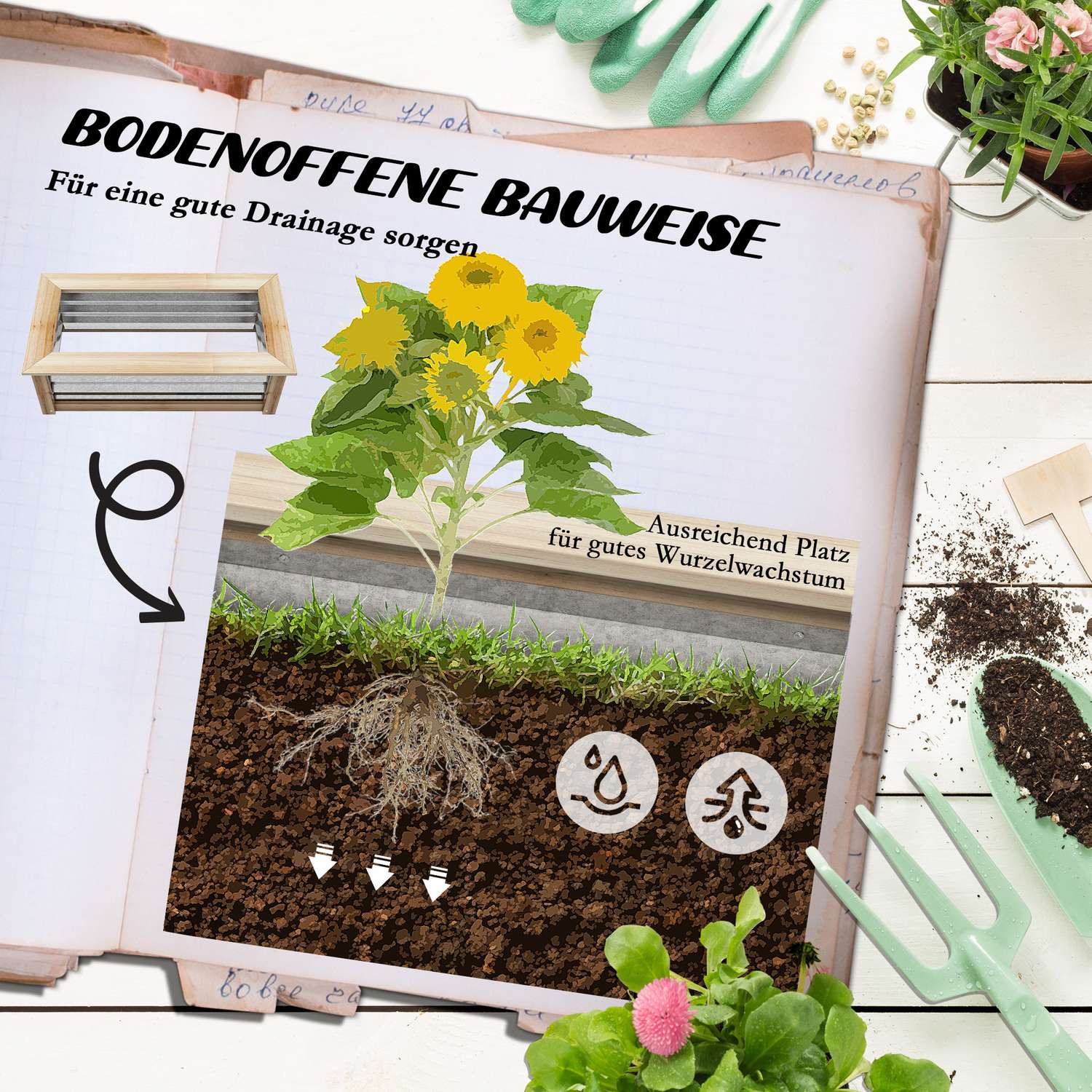 Upphöjd bäddkruka, Naturträ & Metall, 90x45x30 cm