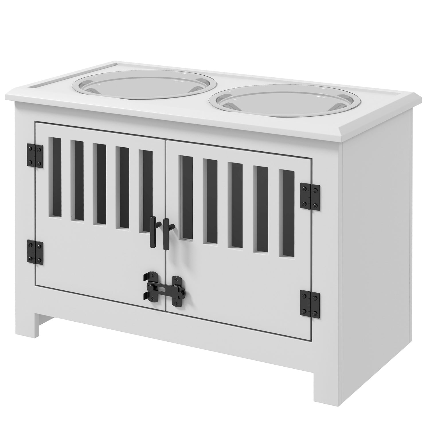 Upphöjd hundmatningsstation, 2L skål i rostfritt stål, förvaring, vit