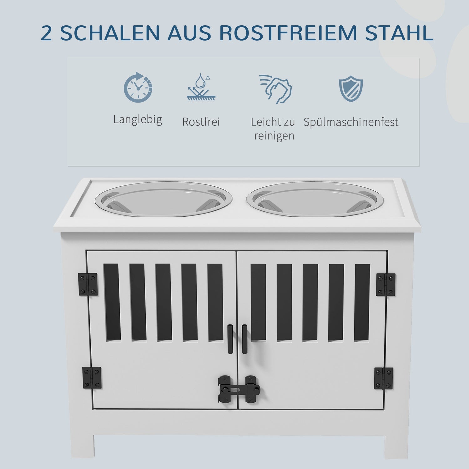 Upphöjd hundmatningsstation, 2L skål i rostfritt stål, förvaring, vit