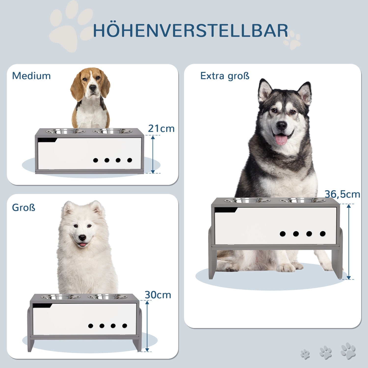Justerbar upphöjd hundskål med förvaring, 2x 2L skålar, grå