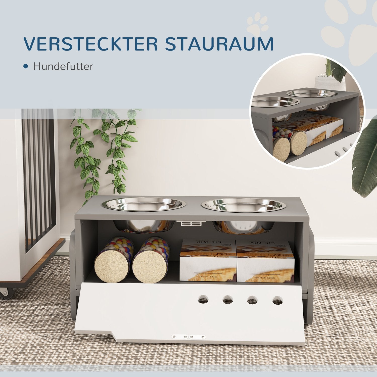 Justerbar upphöjd hundskål med förvaring, 2x 2L skålar, grå