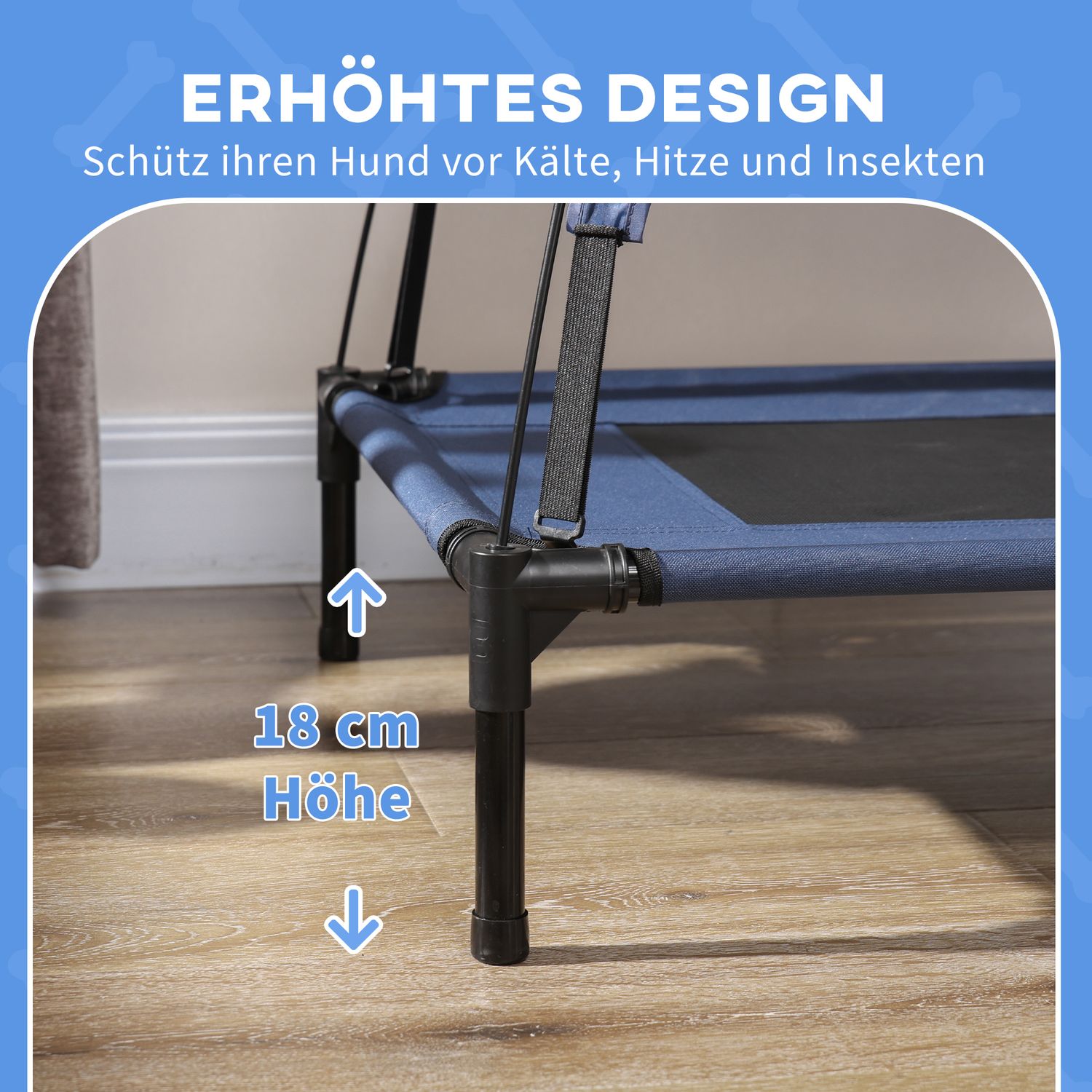 Upphöjd hundsäng utomhus med UV-tak, Medium, Mörkblå