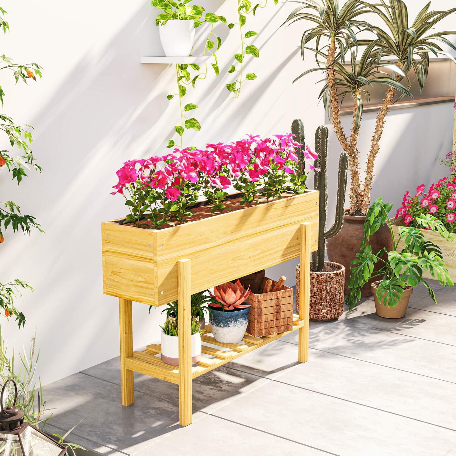 Upphöjd planteringslåda i trä med hylla och dränering, 100x30x70,5 cm