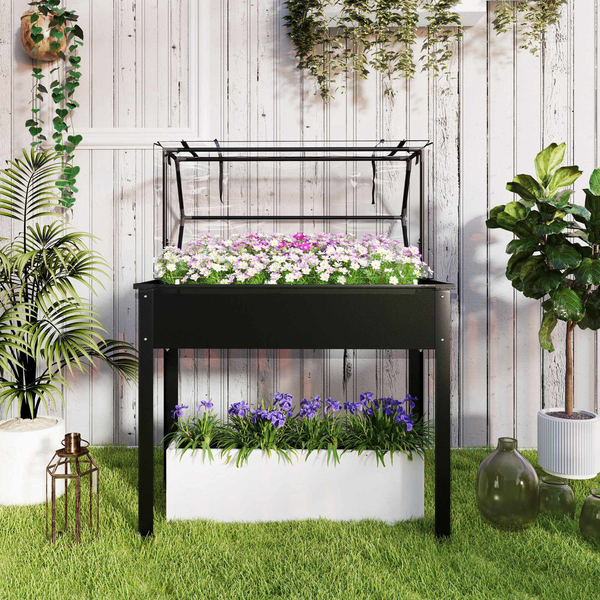 Upphöjd trädgårdsbädd med växthustak, 100x48x124 cm, svart