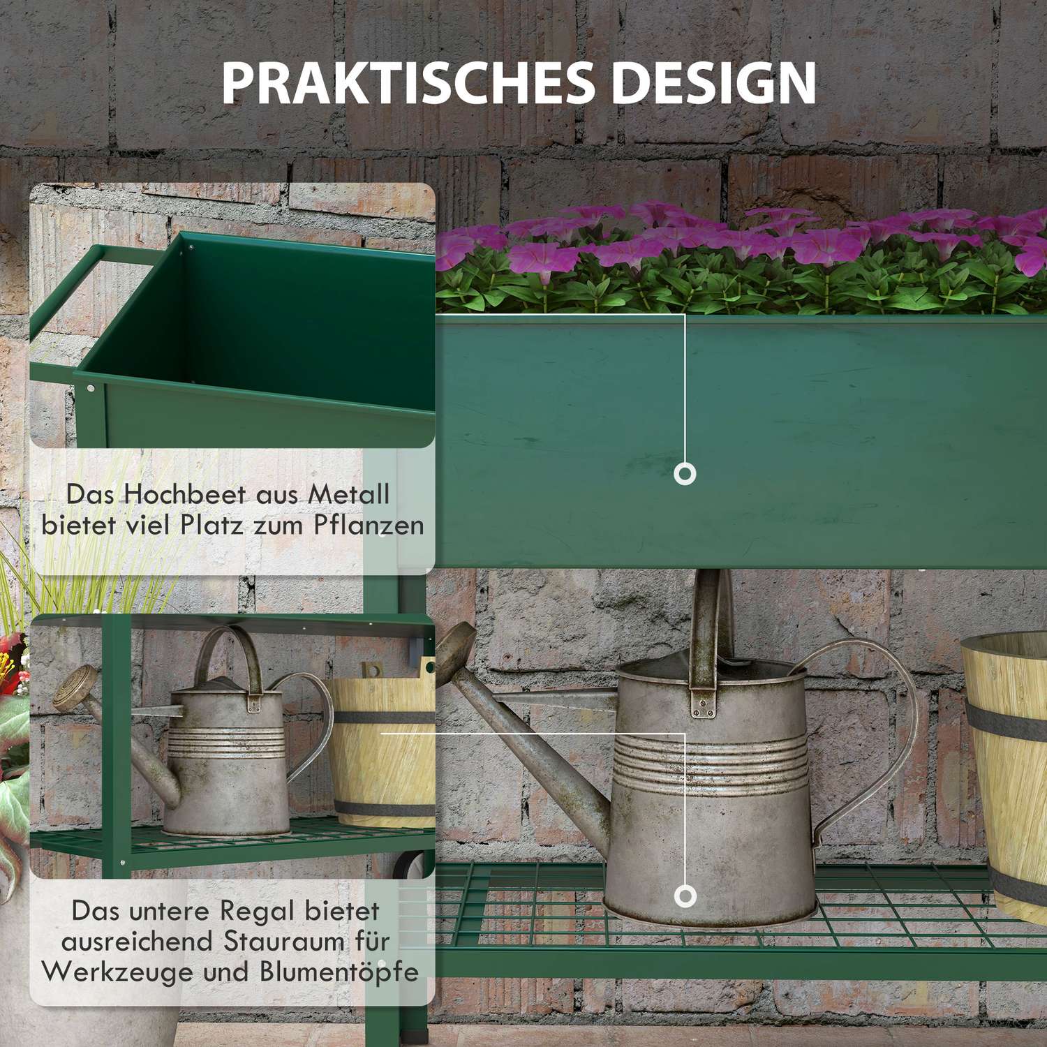 Upphöjd trädgårdssäng i metall med hjul och hylla, 109x44x80 cm