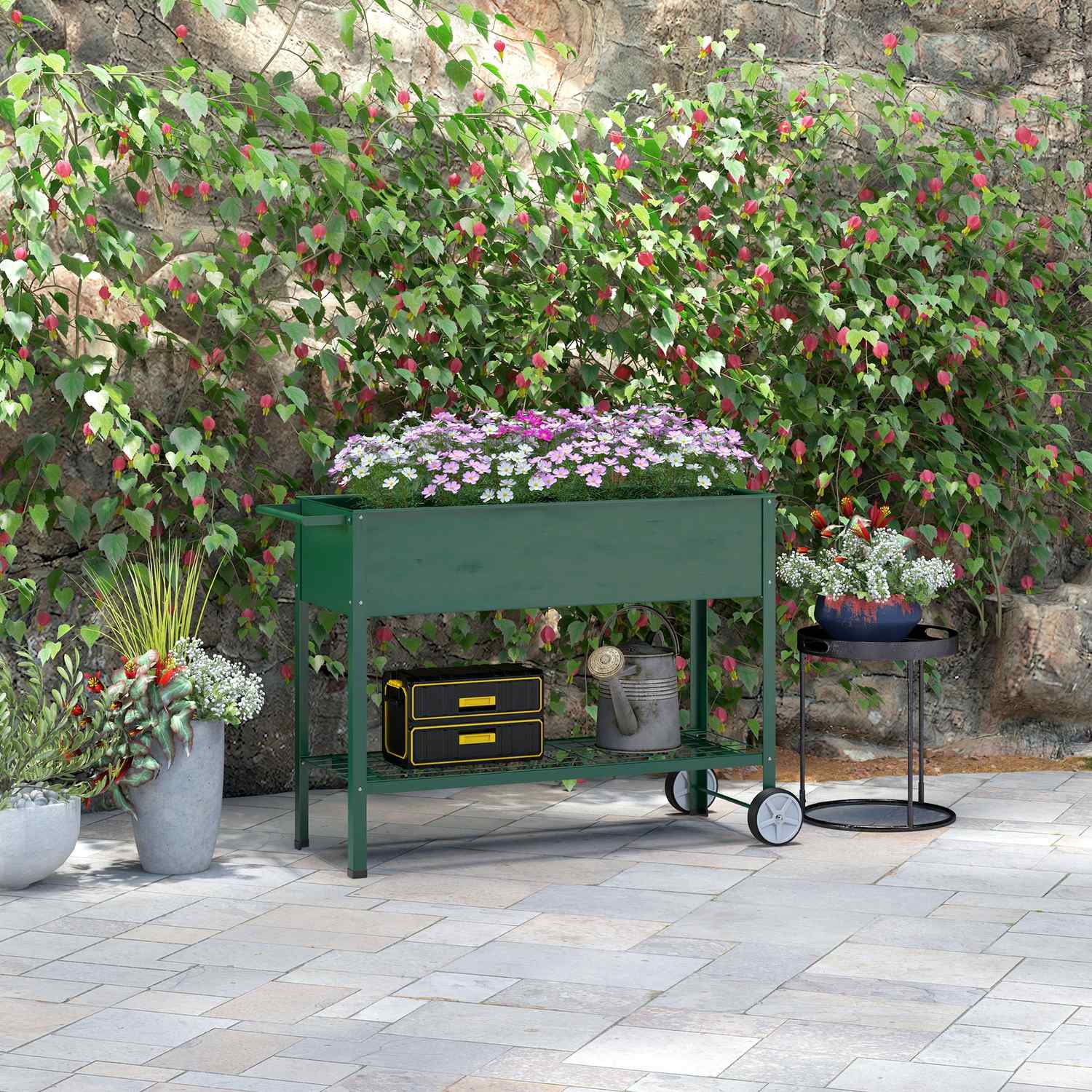 Upphöjd trädgårdssäng i metall med hjul och hylla, 109x44x80 cm