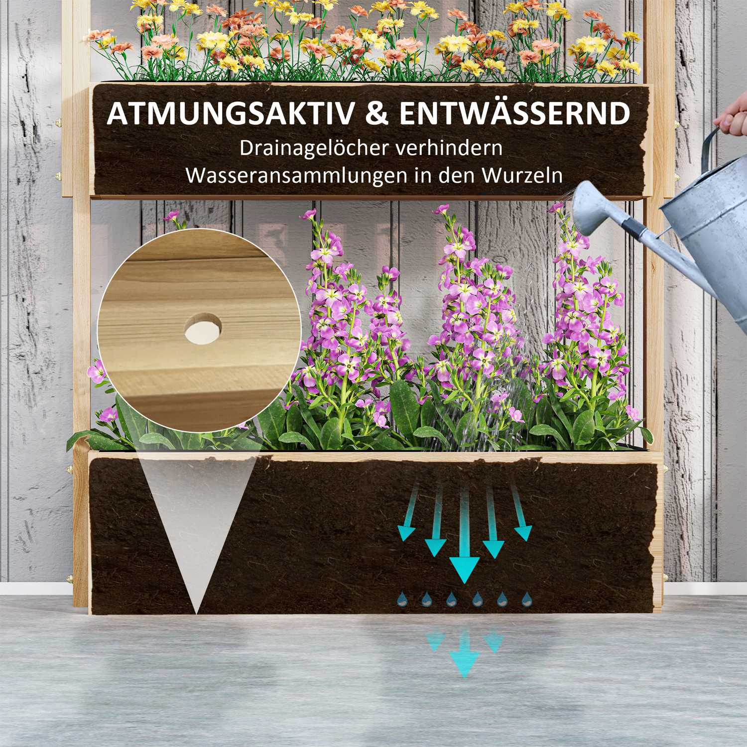 Upphöjd trädgårdssäng i trä med dränering, 4 våningar, 88x45x140 cm