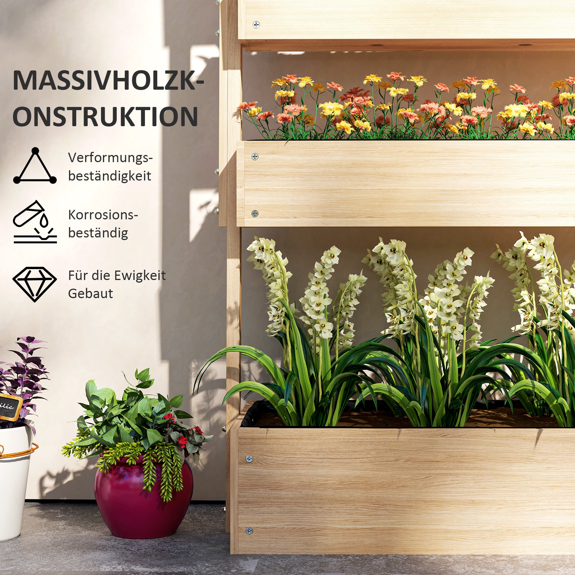 Upphöjd trädgårdssäng i trä med dränering, 4 våningar, 88x45x140 cm