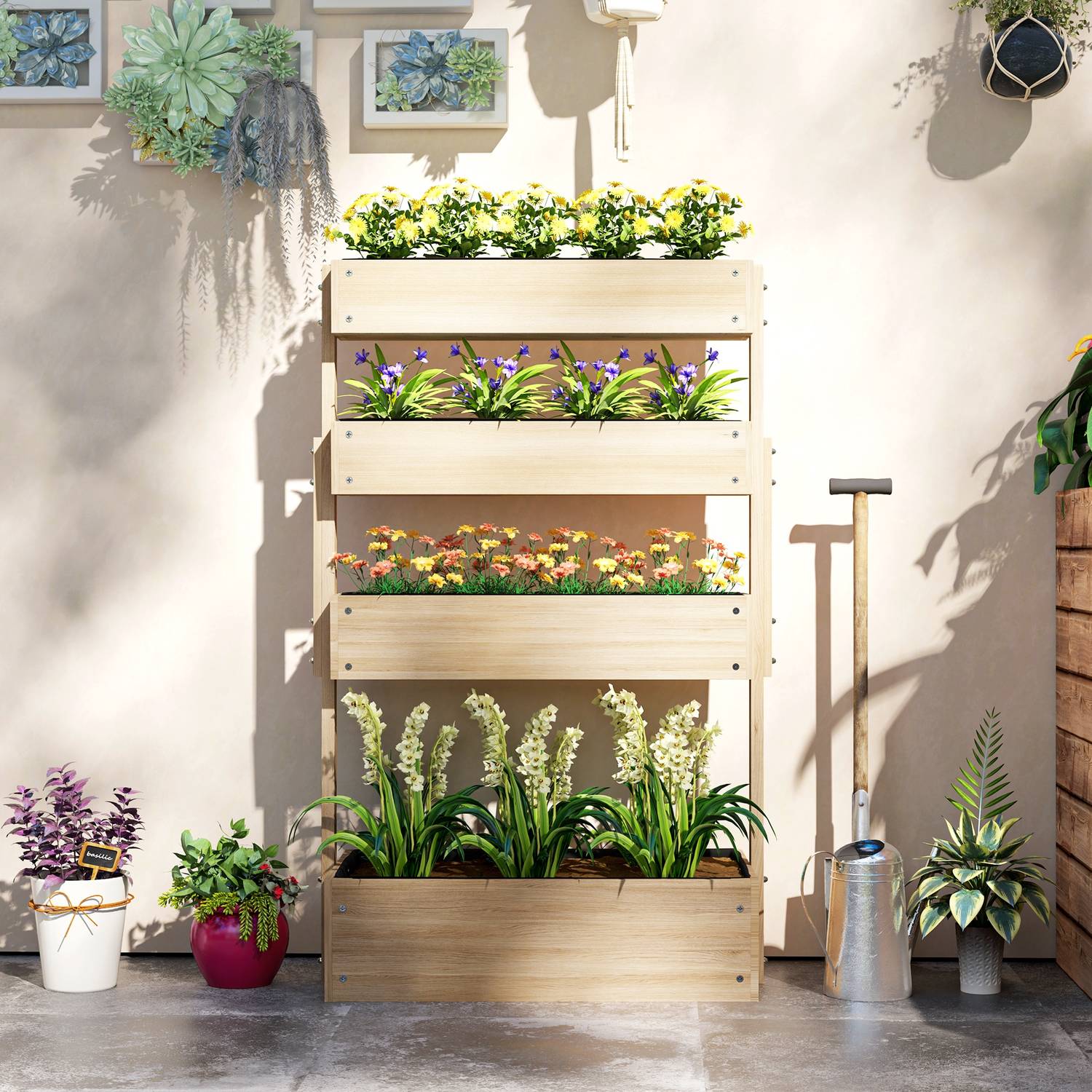 Upphöjd trädgårdssäng i trä med dränering, 4 våningar, 88x45x140 cm