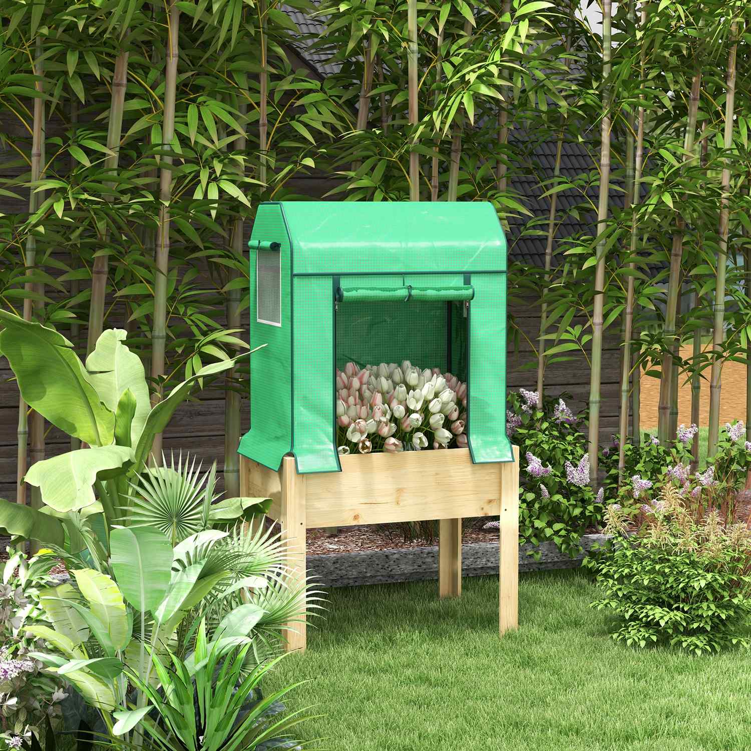 Upphöjd trädgårdssäng i trä med kall ram, 86x60x165 cm