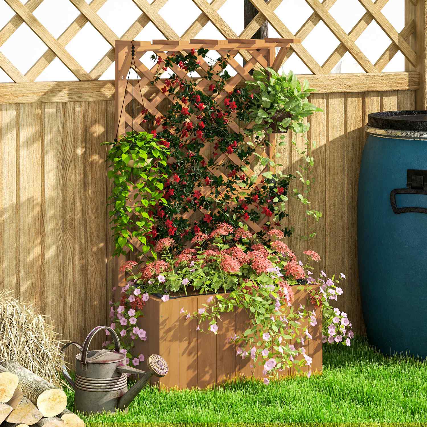 Upphöjd trädgårdssäng i trä med spaljé, 64 x 33 x 122 cm