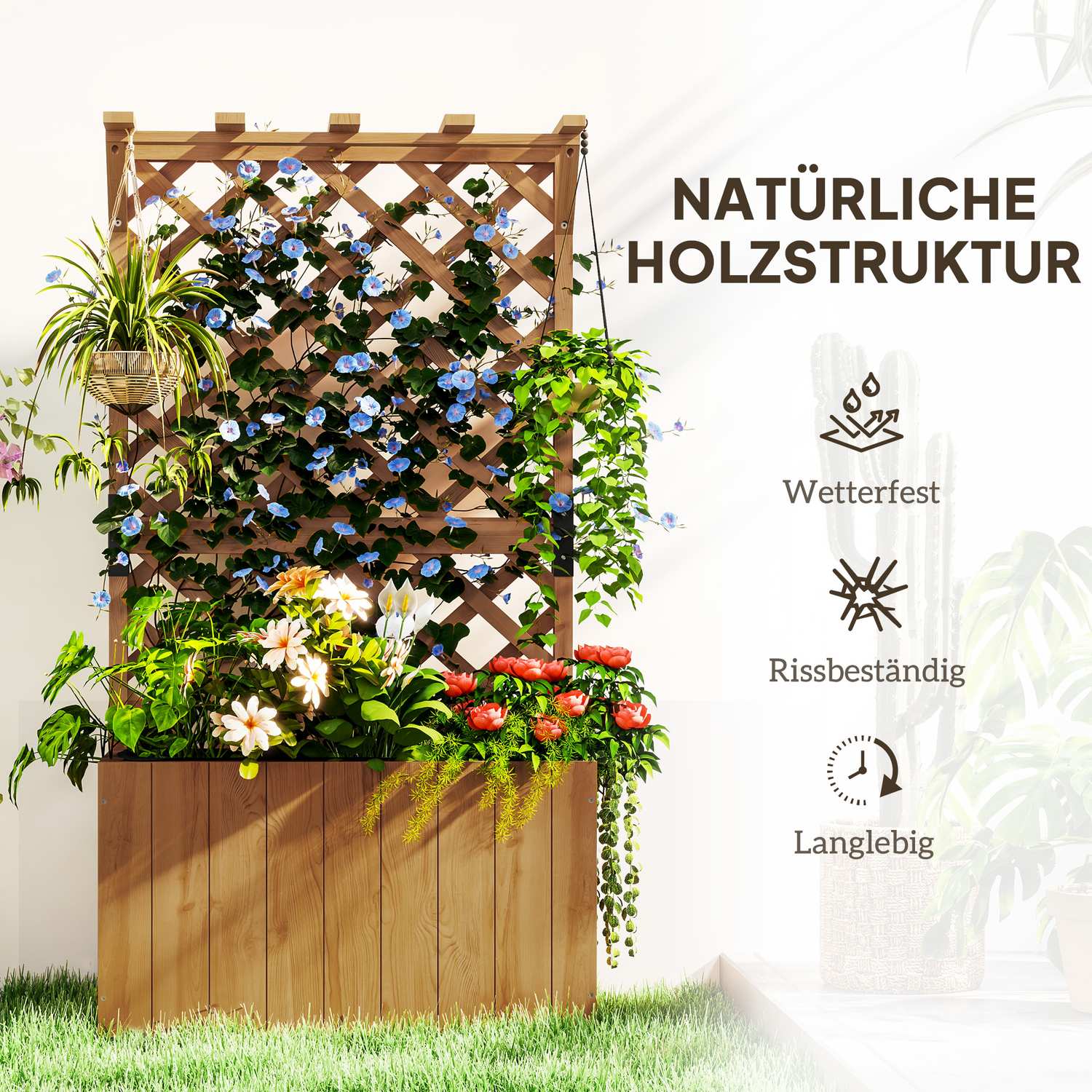 Upphöjd trädgårdssäng i trä med spaljé, 64 x 33 x 122 cm