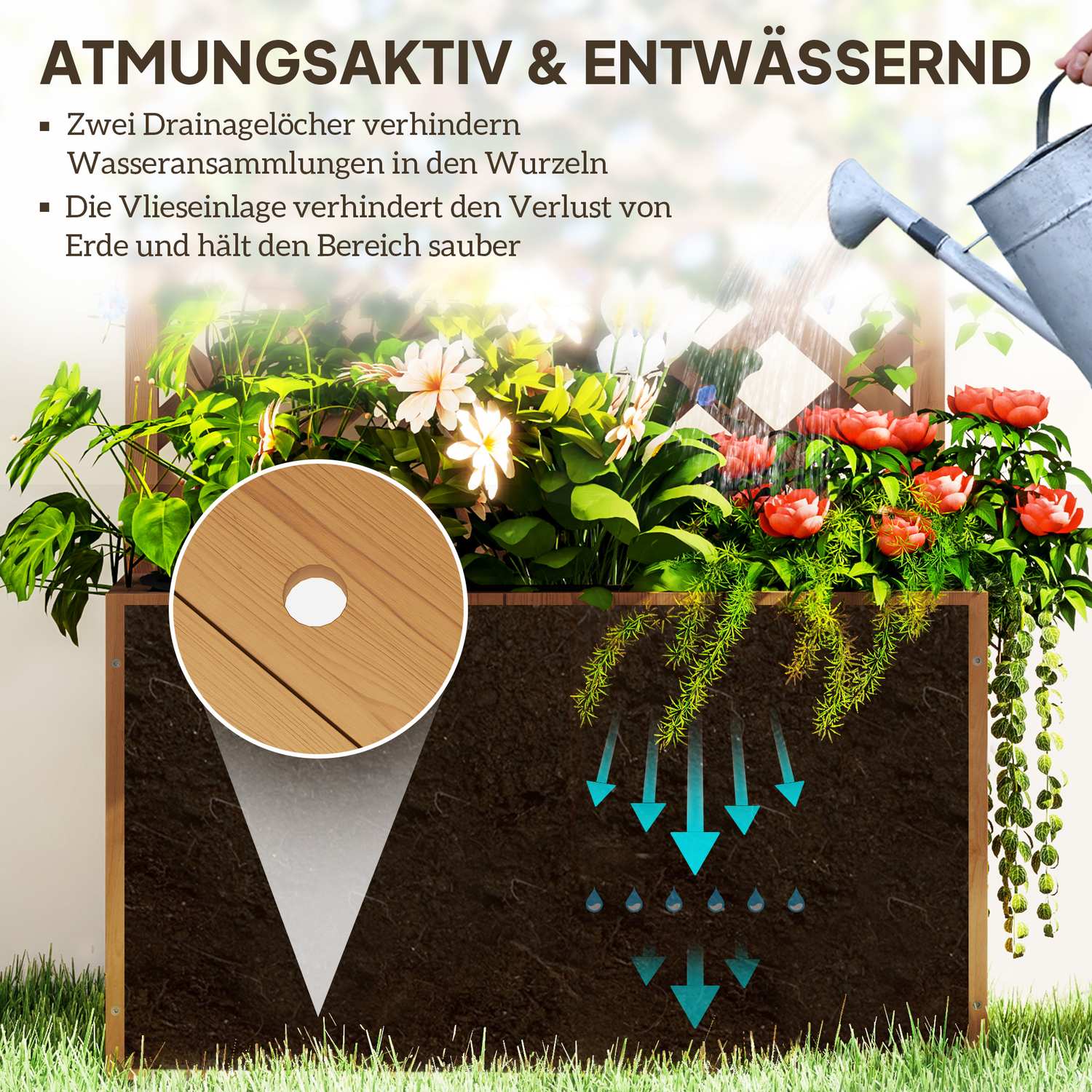 Upphöjd trädgårdssäng i trä med spaljé, 64 x 33 x 122 cm