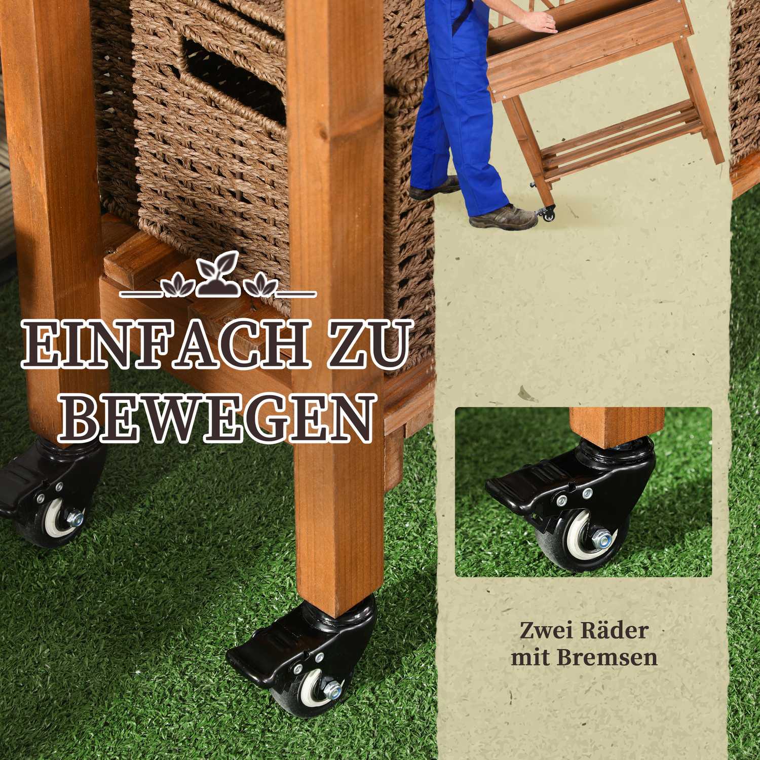 Upphöjd trädgårdssäng med spaljé och hjul, massivt trä