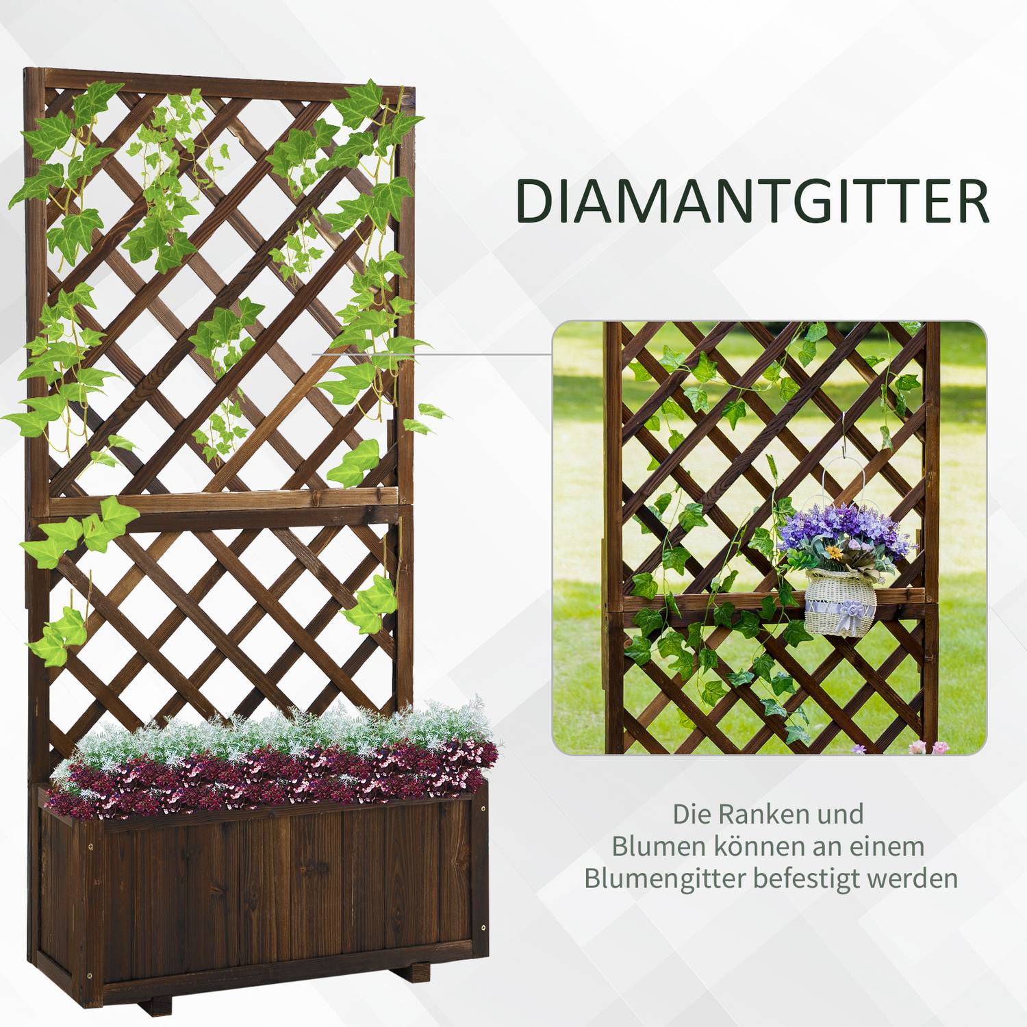 Upphöjd träsäng och spaljé för klätterväxter, 72,5x31,5x149,5 cm