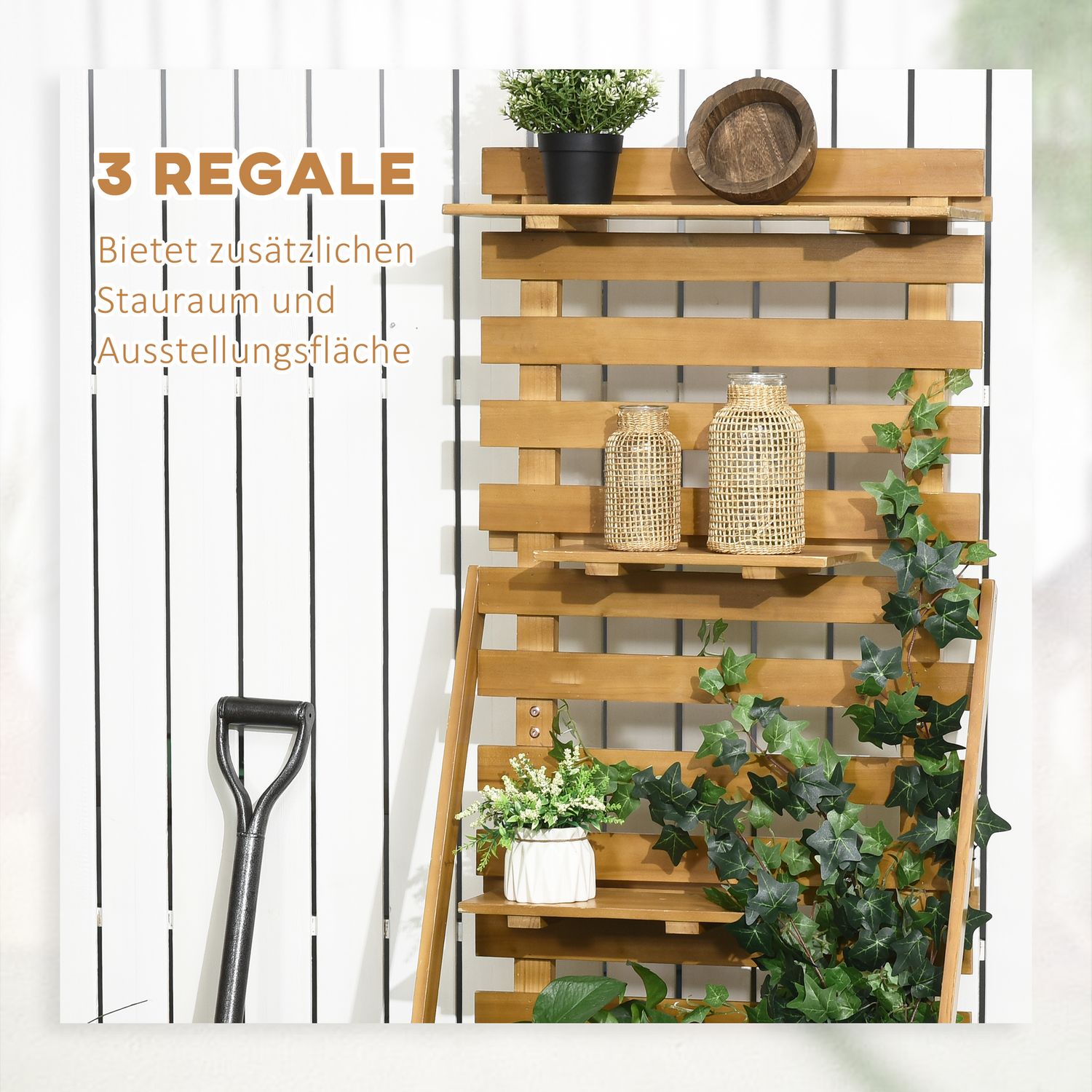 Upphöjd växtbädd i trä med spaljé och 3 hyllor, brun