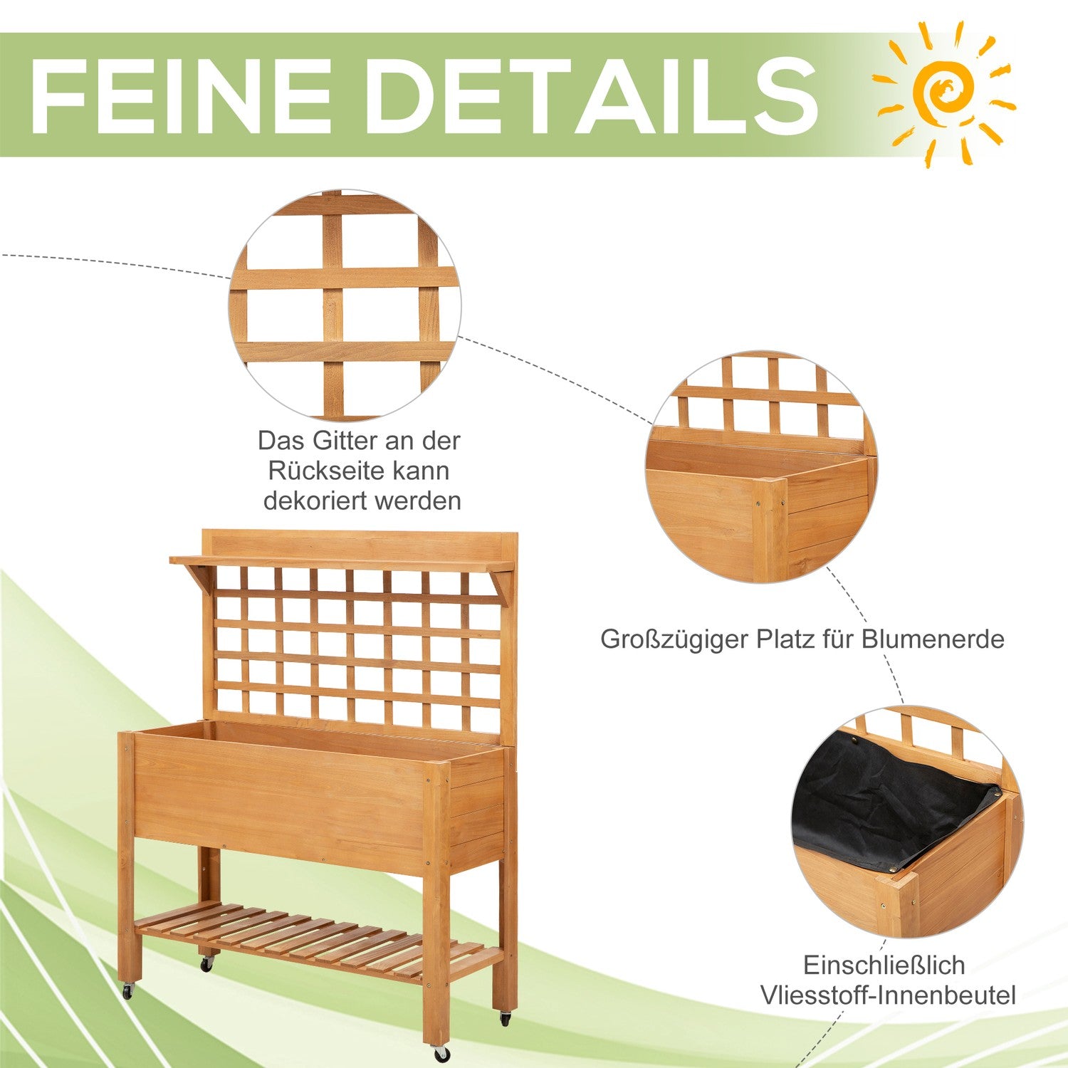 Upphöjt trädgårdsbord i trä för balkong, 105x40x135 cm Gran