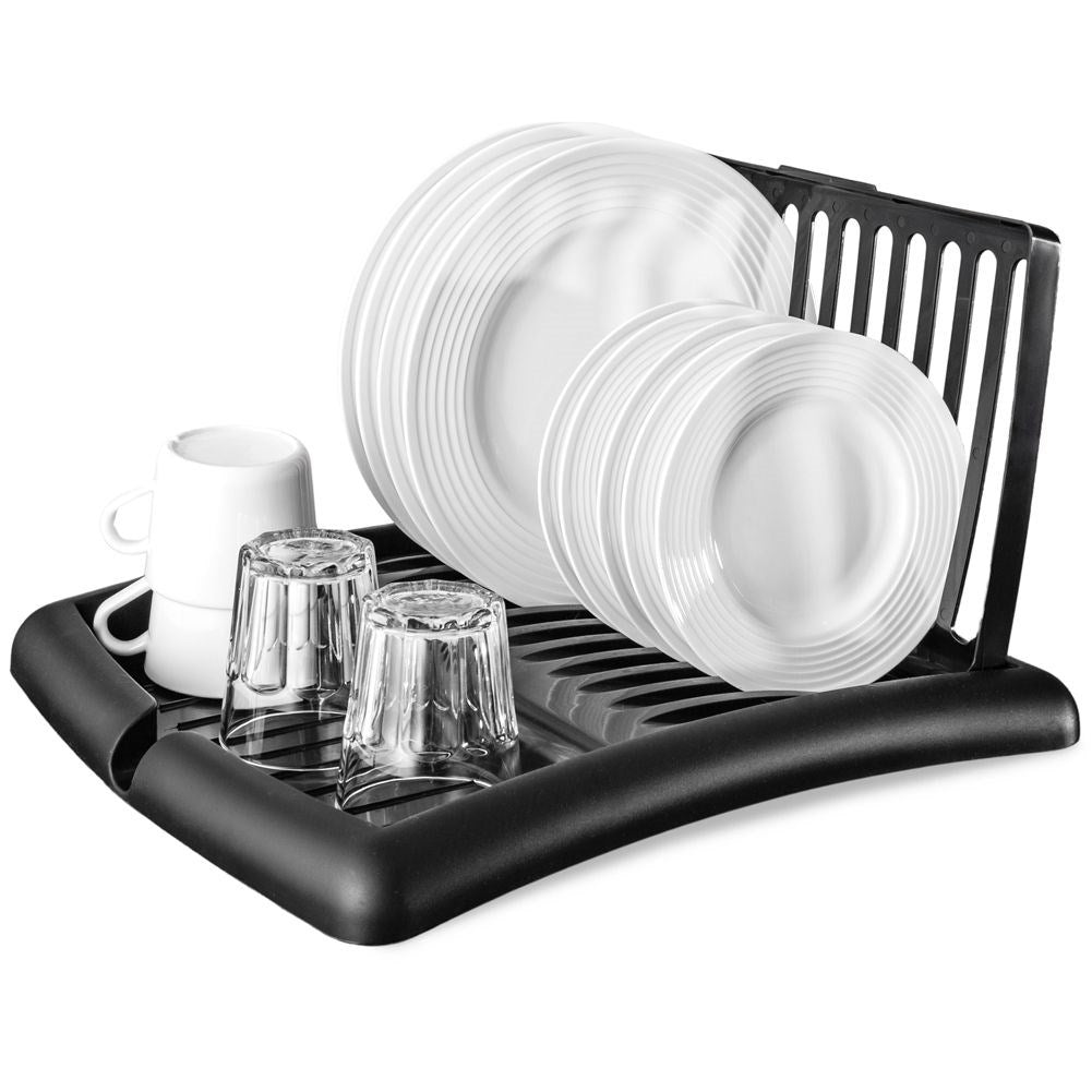 Utdragbart svart diskställ med plats för tallrikar och glas