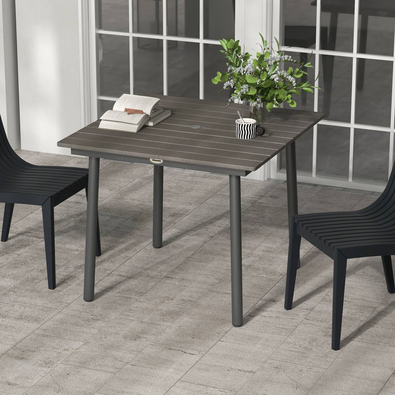 Uteplatsmatbord för 4, HDPE-ribbad, mörkgrå, 90x90x75 cm