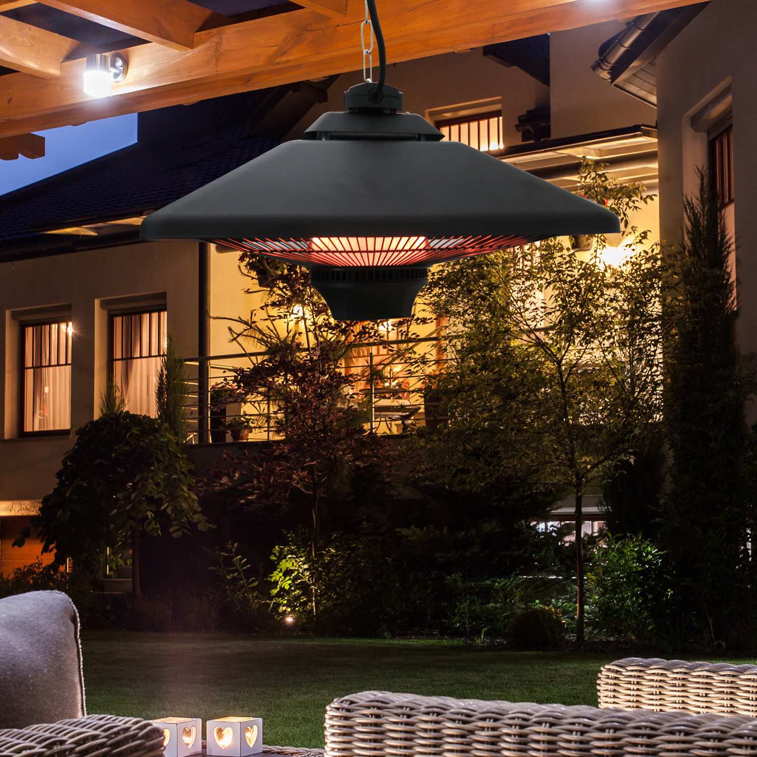 Uteplats takvärmare med fjärrkontroll & LED, 2000W, kompakt storlek