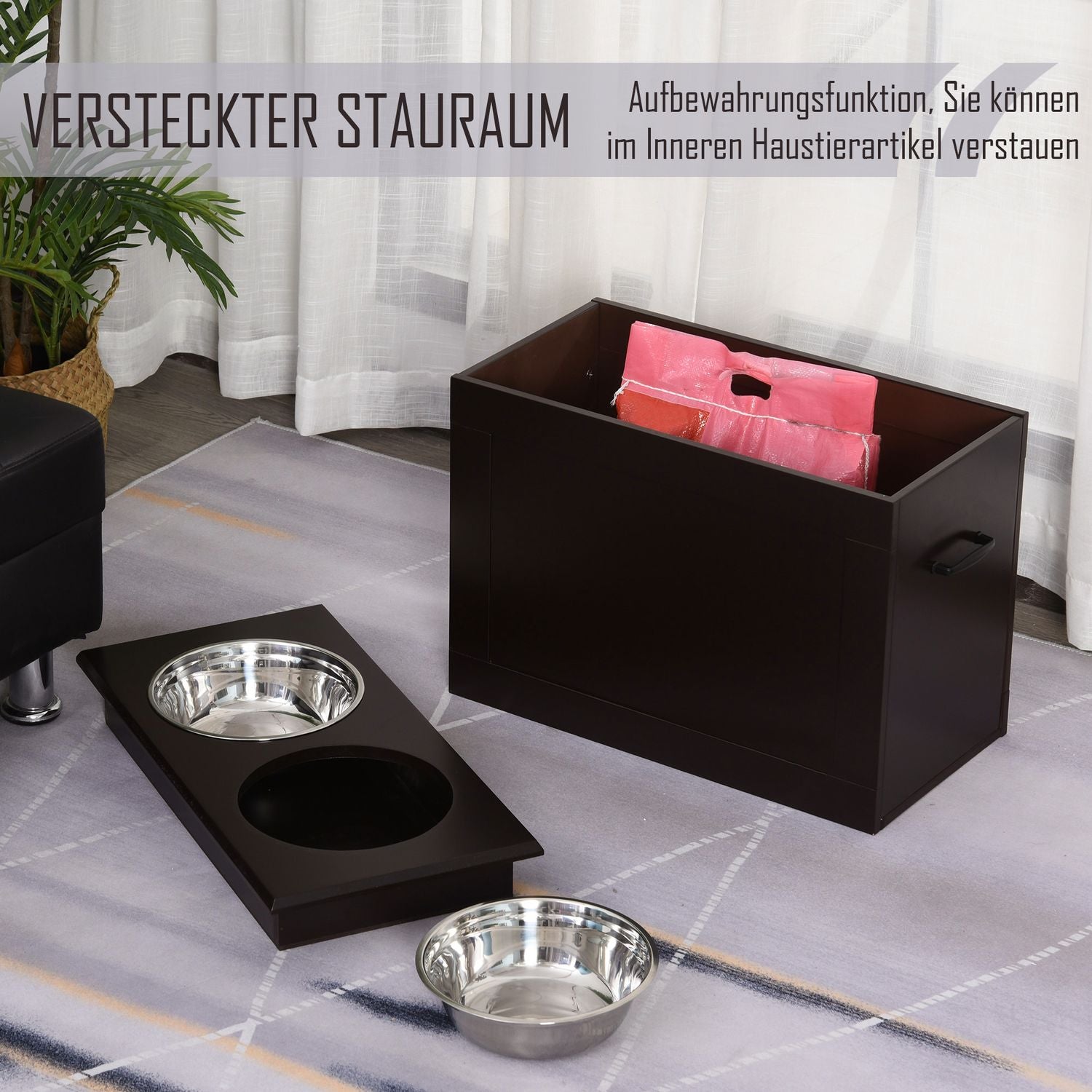 Utfodringsstation för husdjur, dubbla skålar i rostfritt stål, MDF Espresso Finish