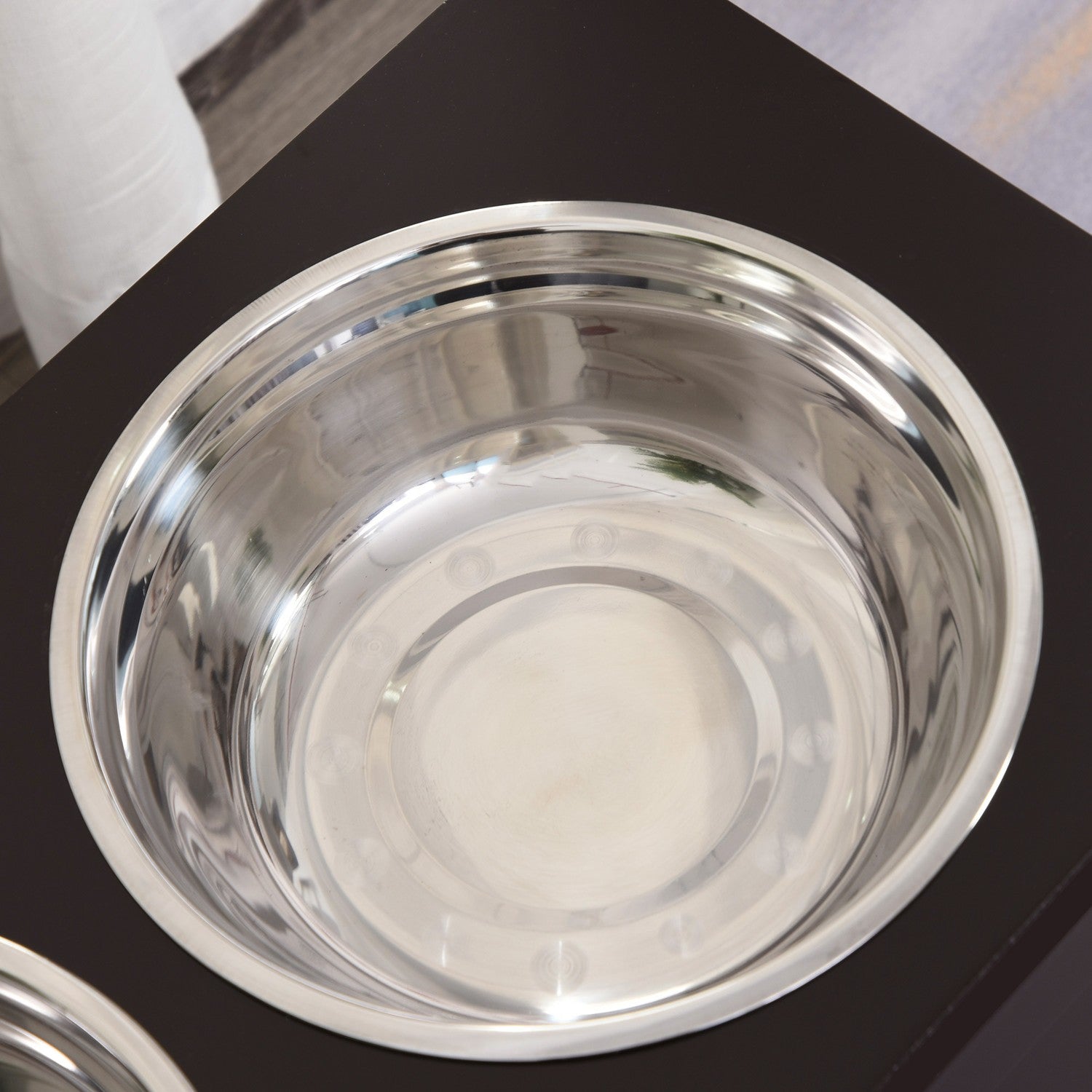 Utfodringsstation för husdjur, dubbla skålar i rostfritt stål, MDF Espresso Finish