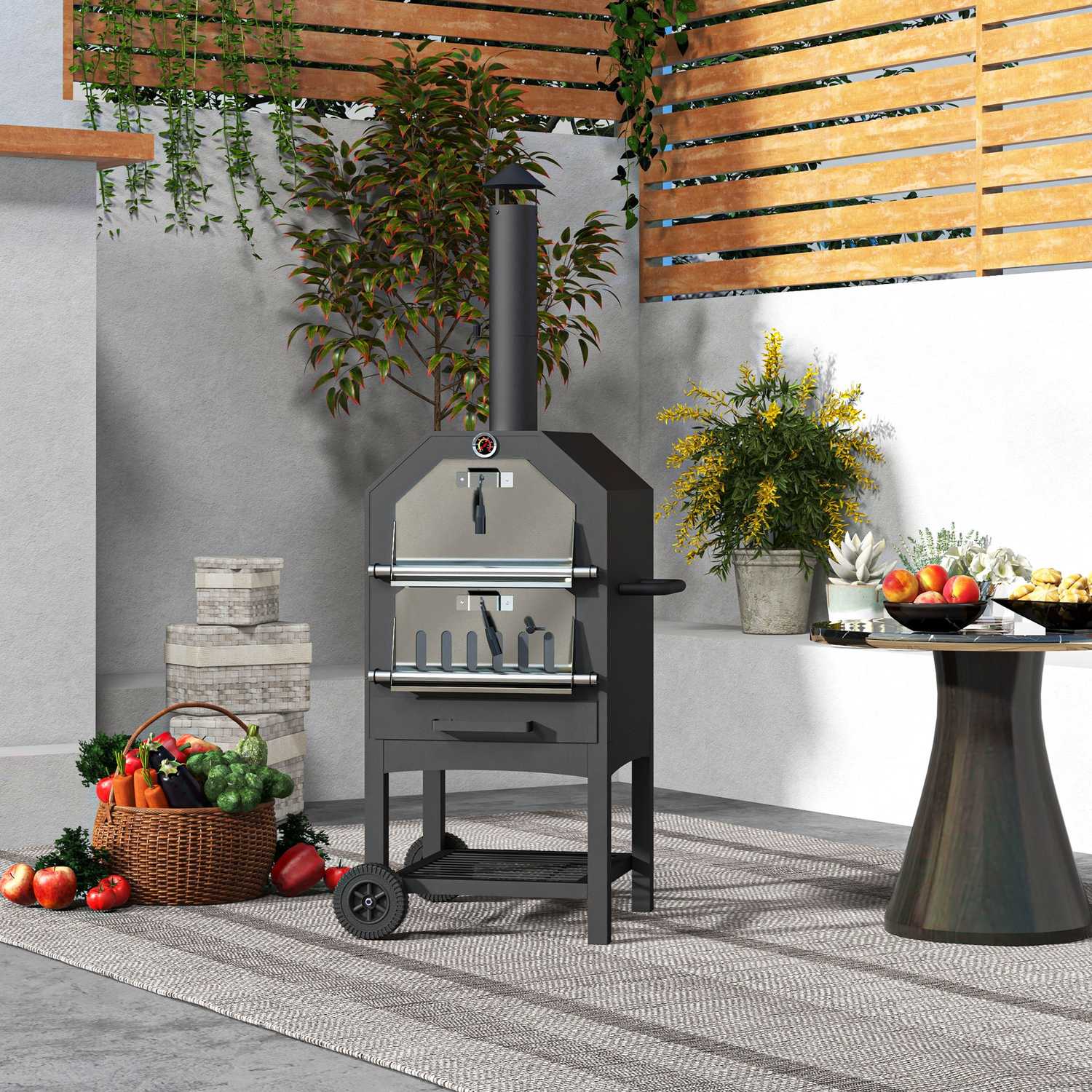 Utomhus 2-i-1 pizzaugn & grill med sten och hjul
