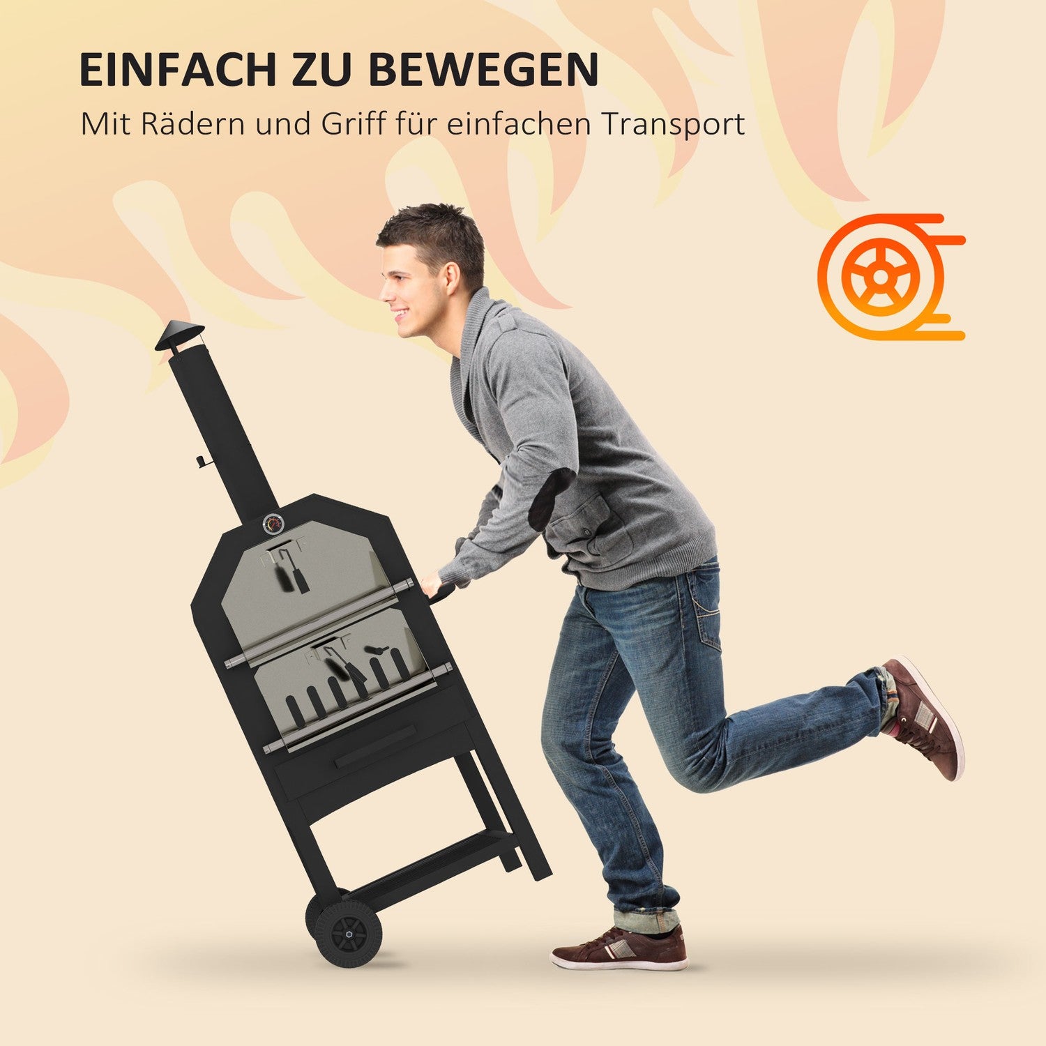 Utomhus 2-i-1 pizzaugn & grill med sten och hjul