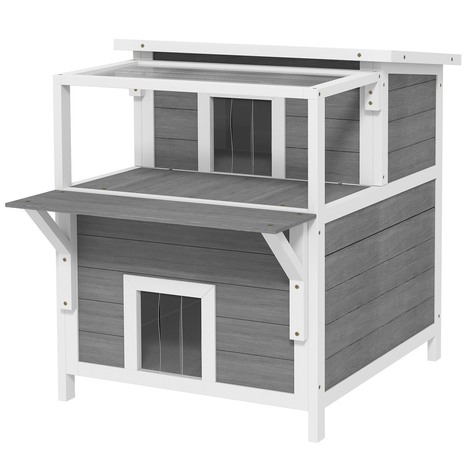 Utomhus Gran Wood Cat House med balkong, 64 x 87 x 76 cm
